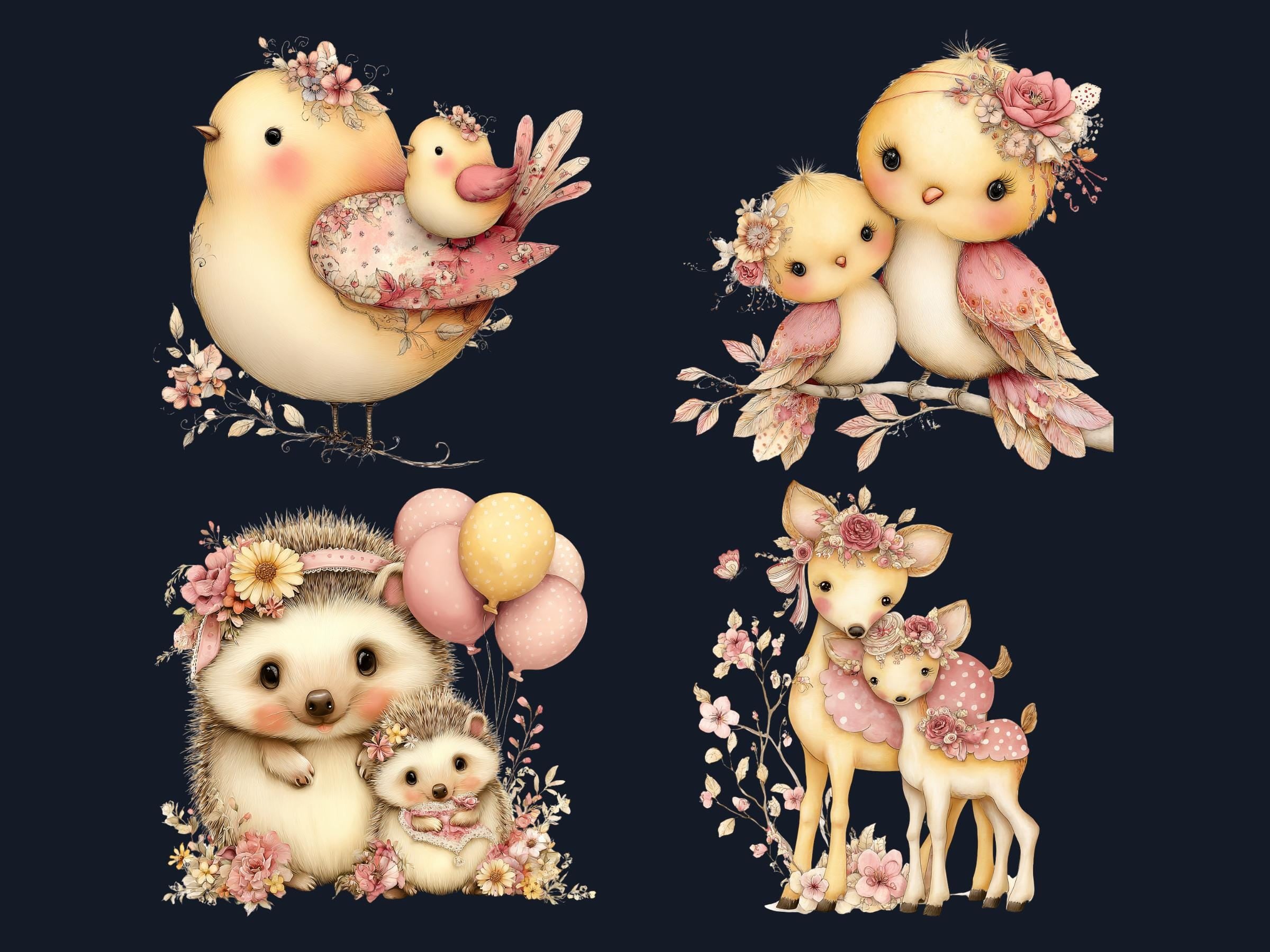 Pastel Mother's Day Animal Clipart | Whimsical Mom Baby PNG Illustrations (Digital Download)
