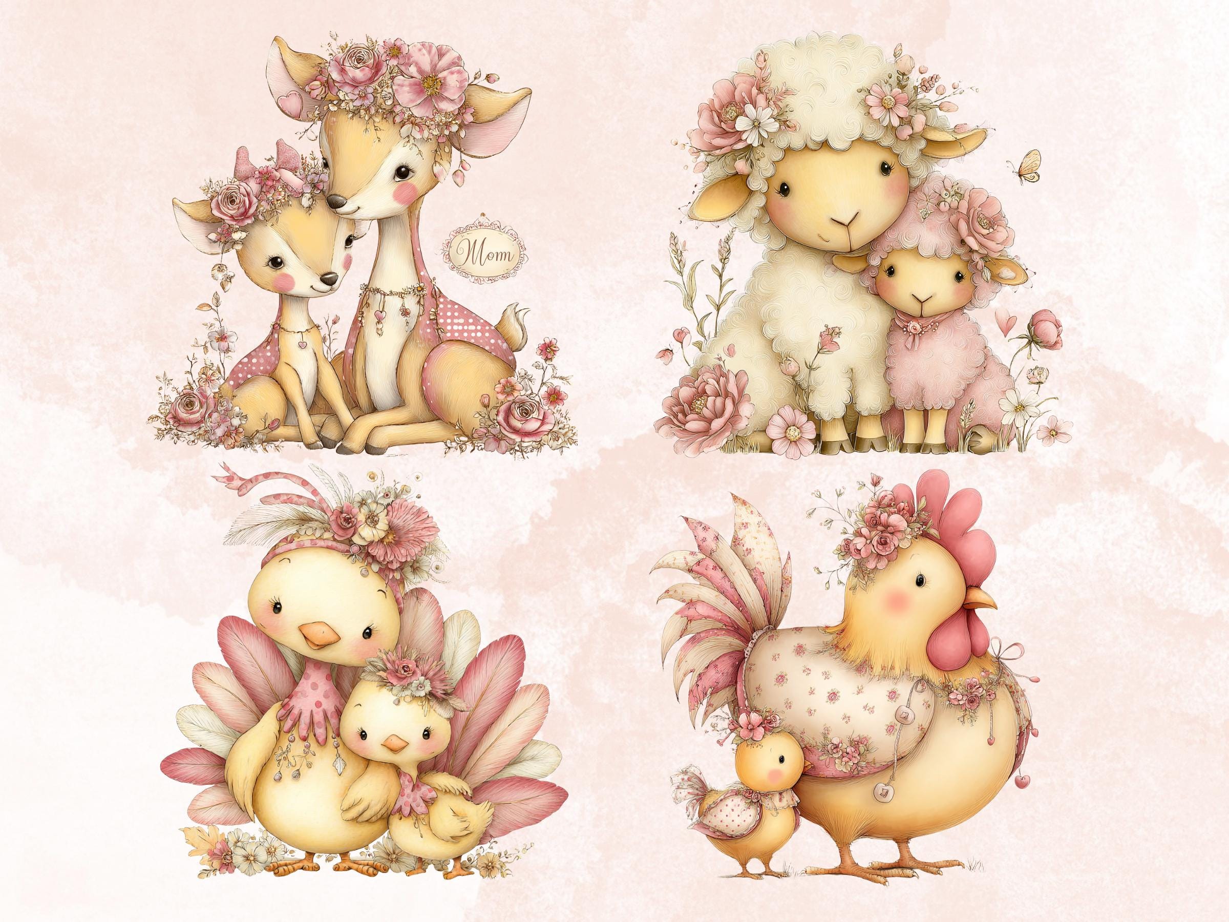 Pastel Mother's Day Animal Clipart | Whimsical Mom Baby PNG Illustrations (Digital Download)