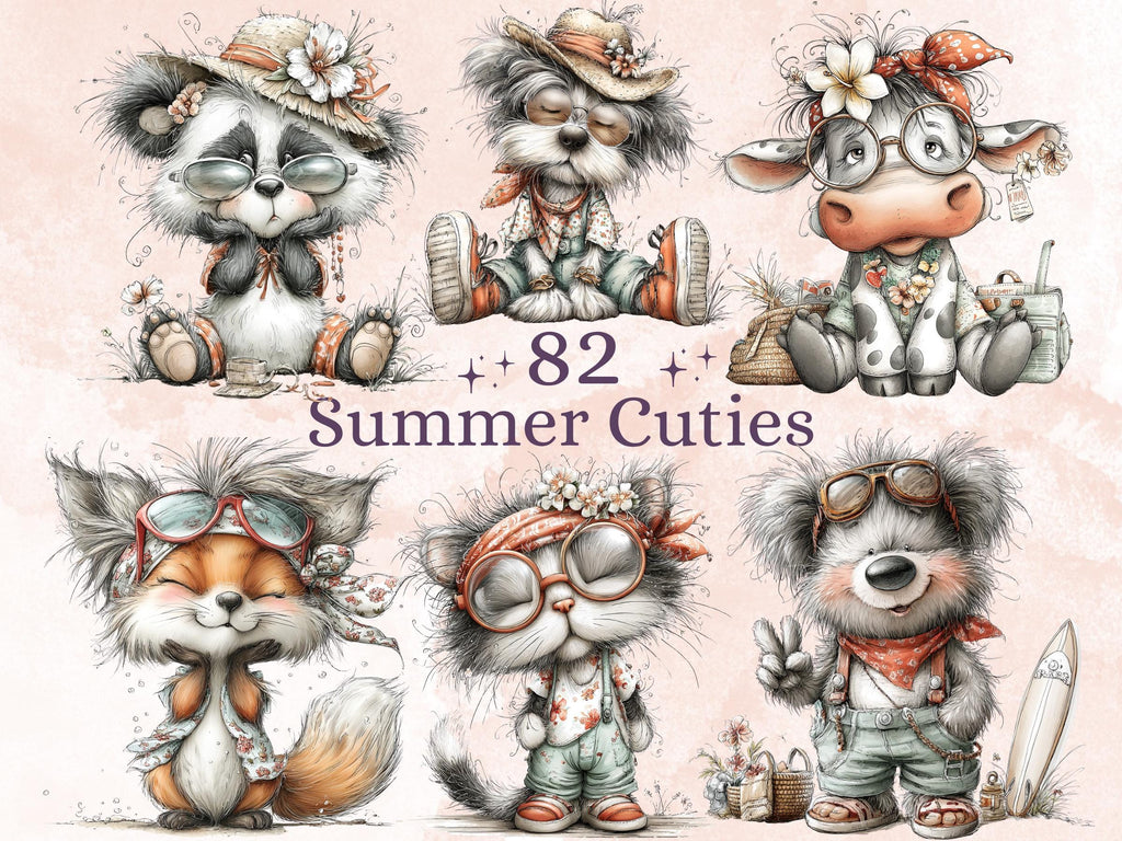 Summer Clipart Bundle | 82 Whimsical Boho Beach PNG | Summer Cuties Digital Download Commercial Use