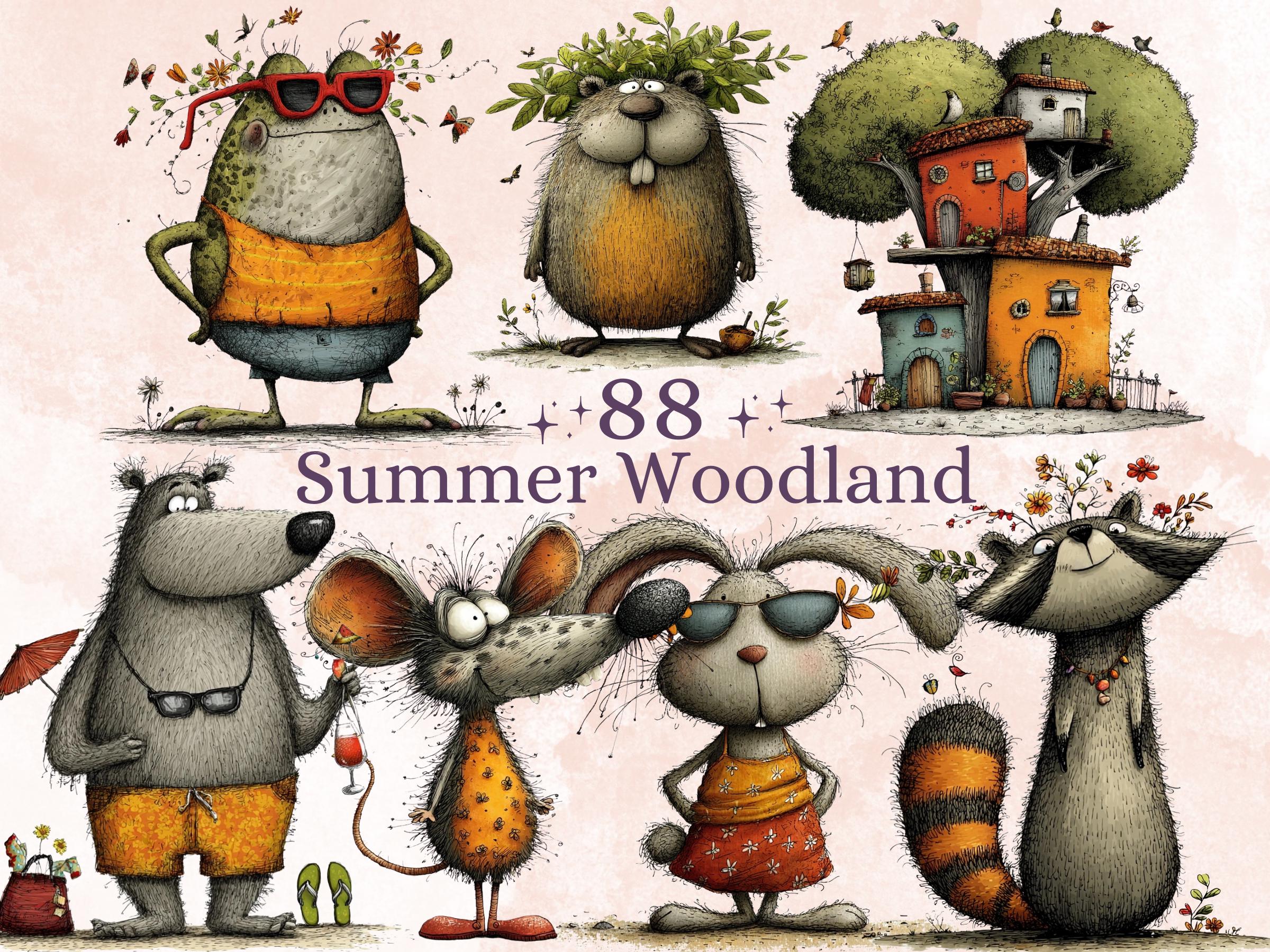 Summer Woodland Clipart Bundle | 86 Whimsical Quirky Forest PNG | Woodland Cuties Digital Download