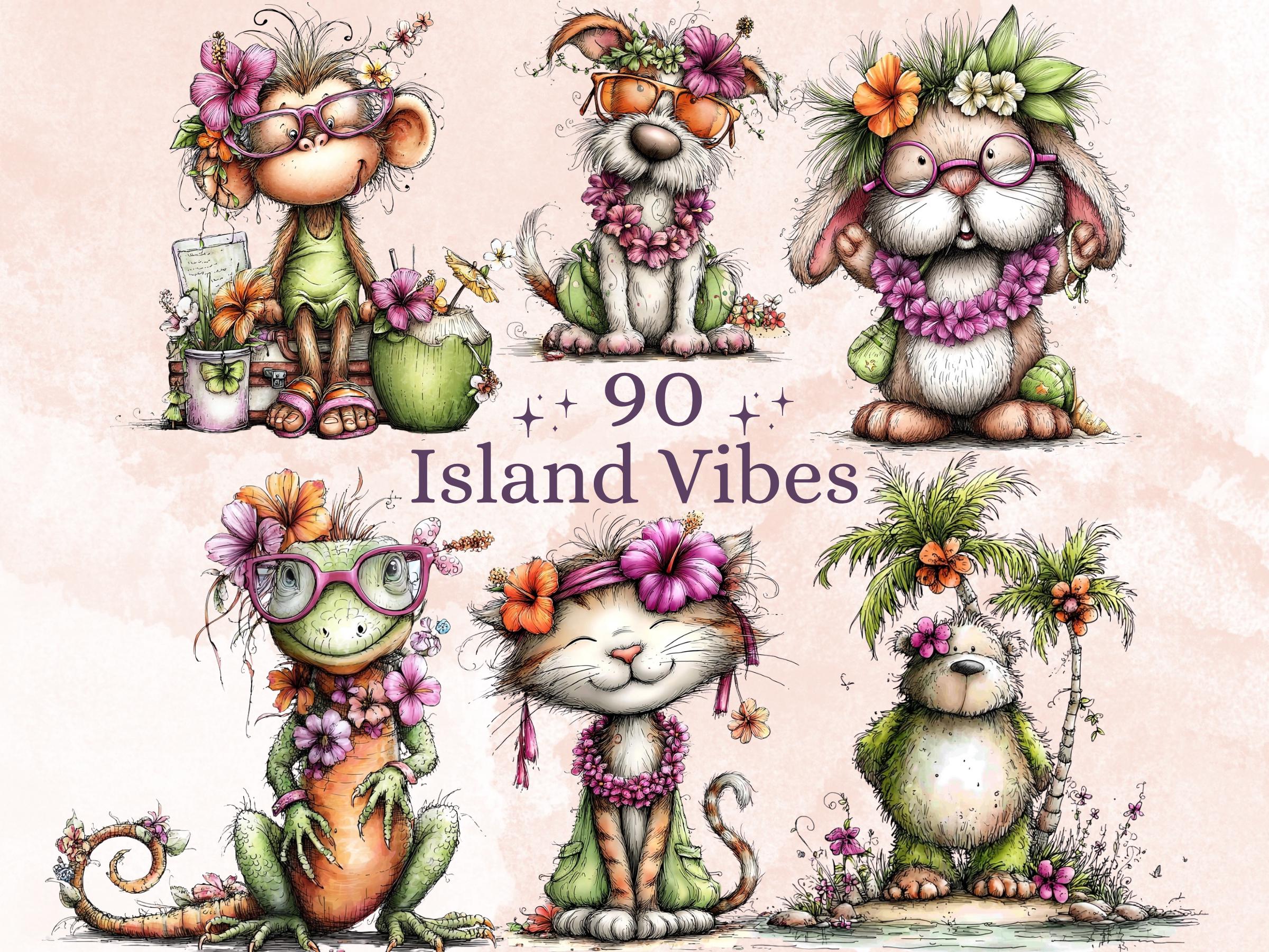Island Vibes Clipart Bundle | 90 Whimsical Quirky Tropical PNG | Fantasy Island Digital Download
