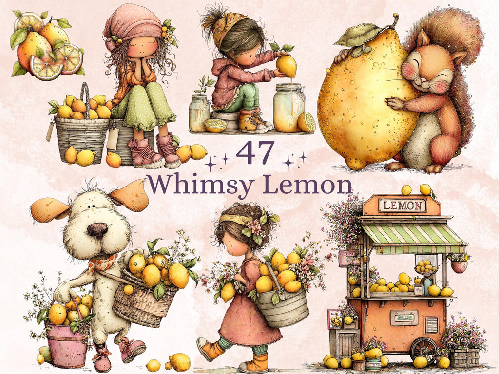 Lemon Clipart Bundle | 47 Whimsical Quirky Lemonade PNG | Summer Citrus Digital Download