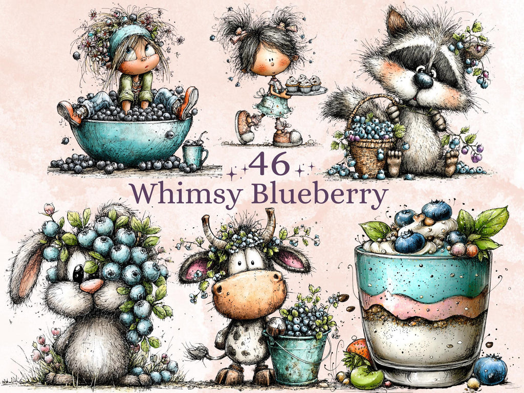 Blueberry Clipart Bundle | 46 Whimsical Quirky Fruit PNG | Floral Summer Berry Download