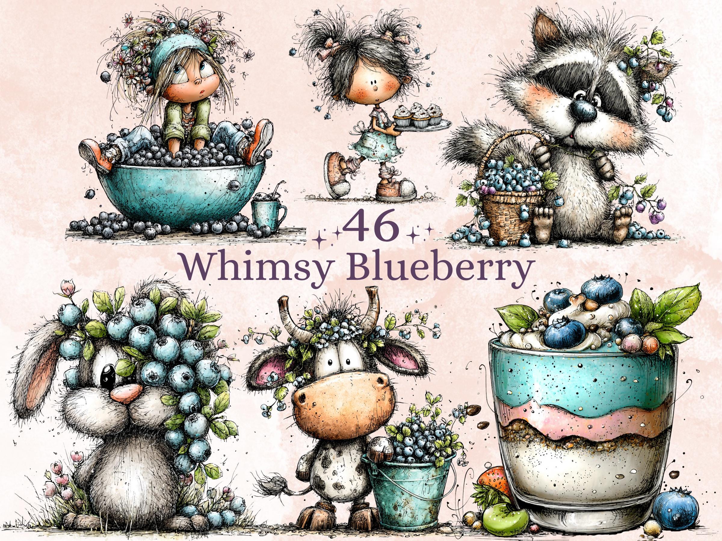 Blueberry Clipart Bundle | 46 Whimsical Quirky Fruit PNG | Floral Summer Berry Download