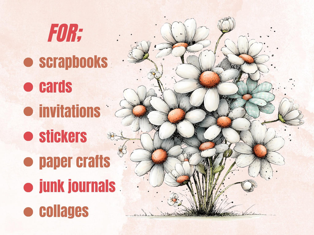 Daisy Clipart Bundle | 45 Whimsical Quirky Daisy PNG | Summer Flower Digital Download
