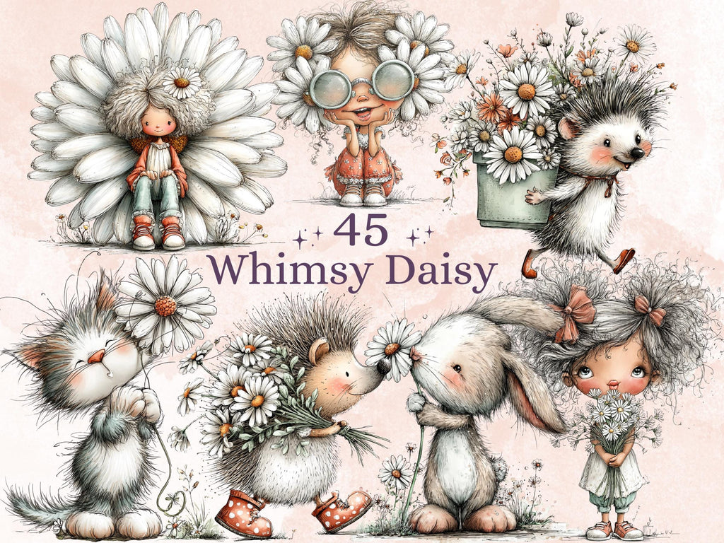 Daisy Clipart Bundle | 45 Whimsical Quirky Daisy PNG | Summer Flower Digital Download