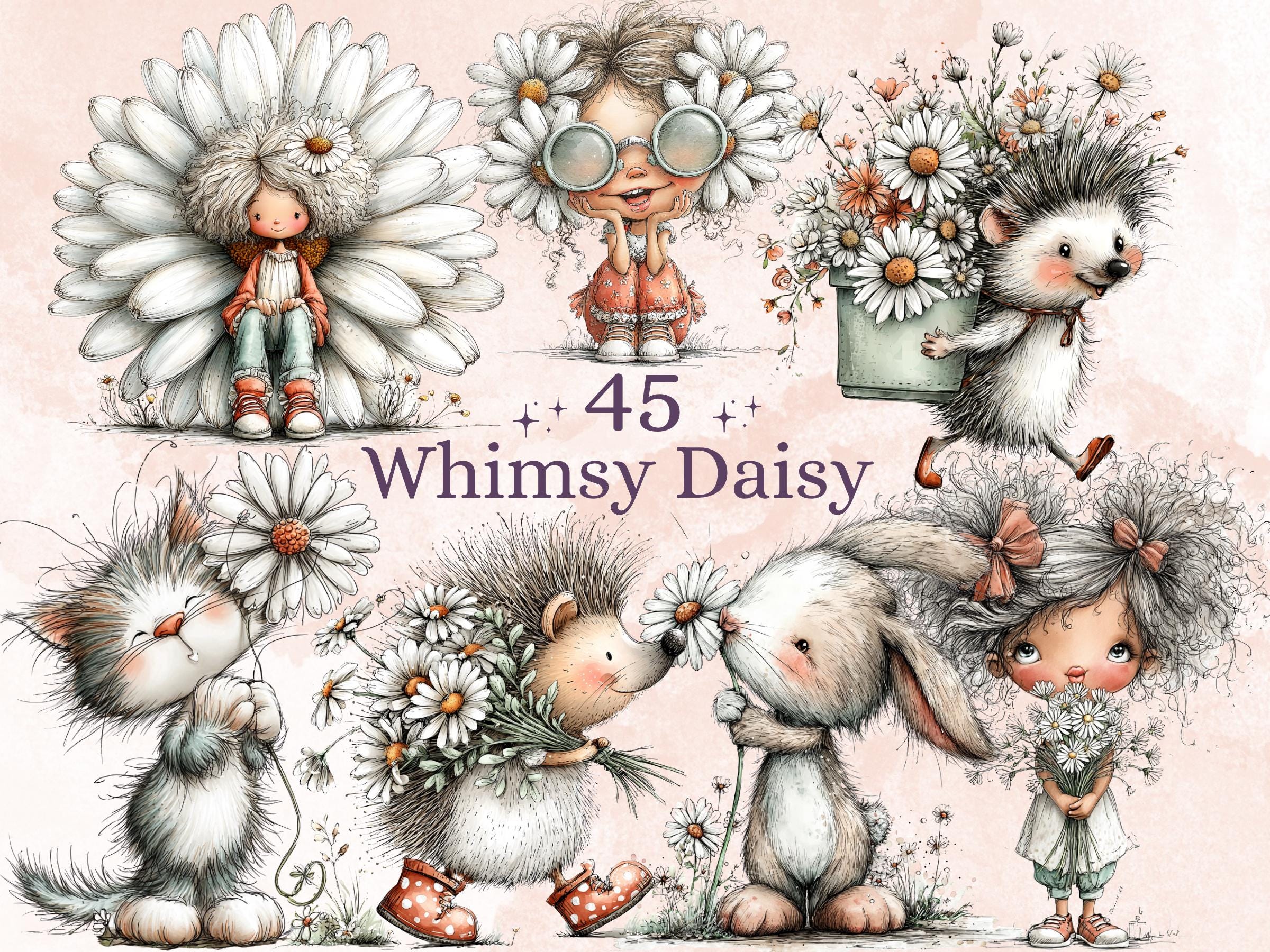 Daisy Clipart Bundle | 45 Whimsical Quirky Daisy PNG | Summer Flower Digital Download