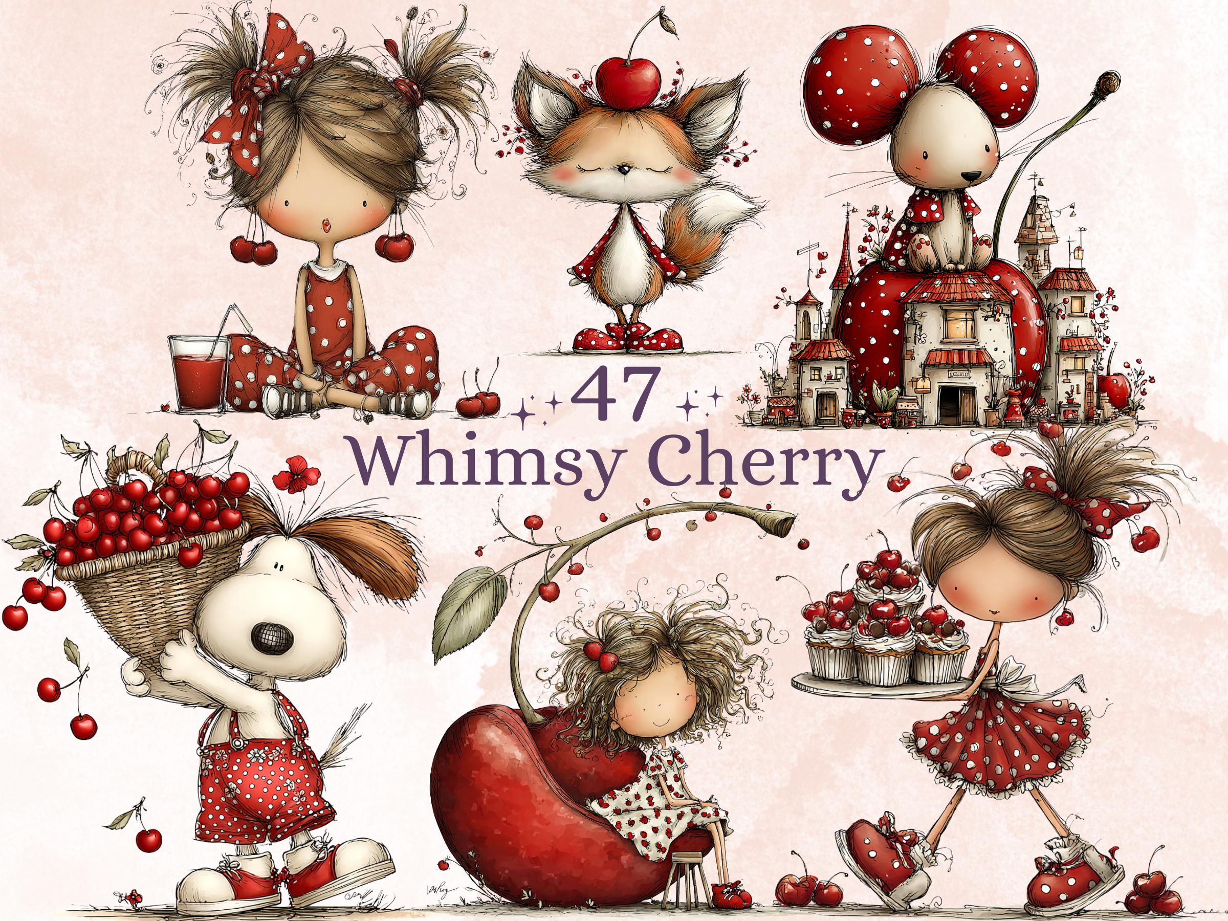 Cherry Clipart Bundle | 47 Whimsical Quirky Cherry PNG | Summer Fruit Digital Download