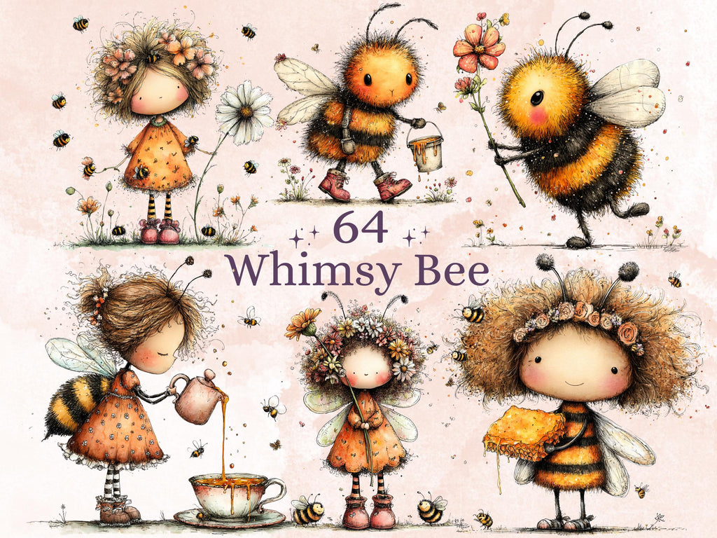 Bee Clipart Bundle | 64 Whimsical Quirky Bee PNG | Floral Honey Digital Download