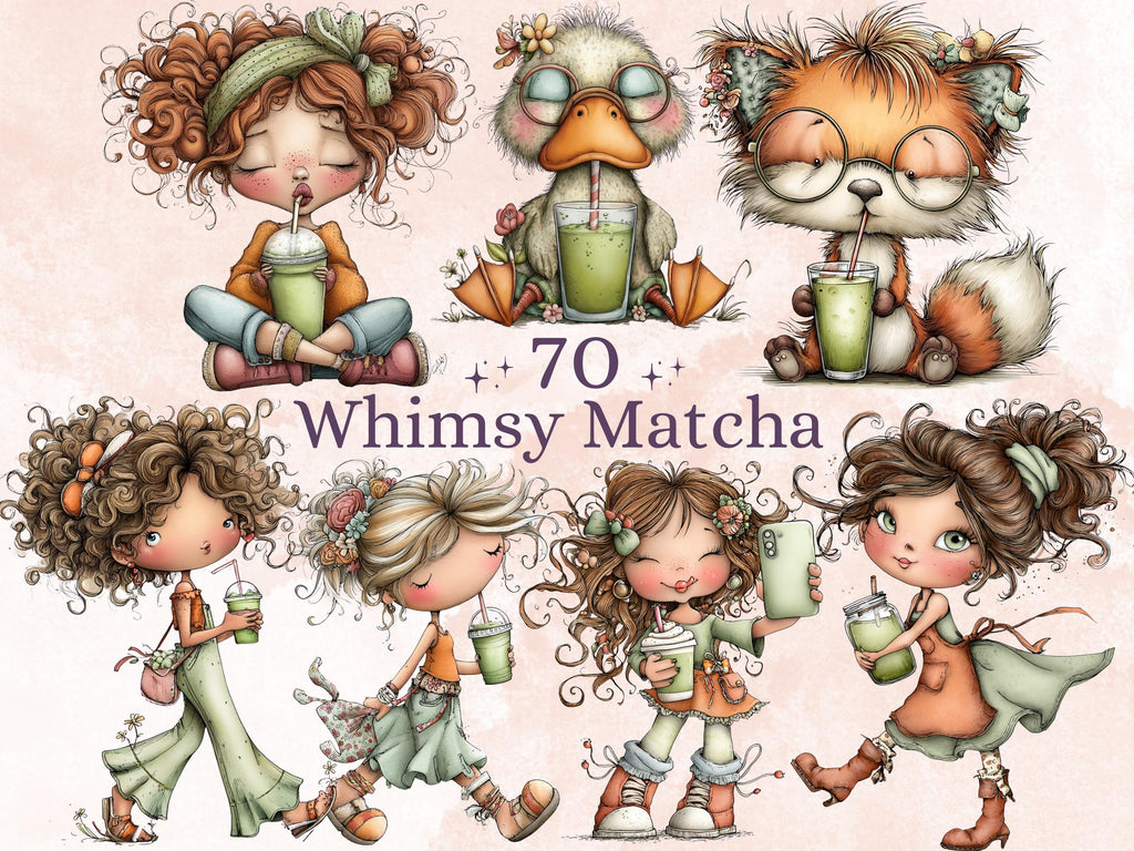 Matcha Clipart Bundle | 70 Whimsical Quirky Drink PNG | Green Latte Digital Download