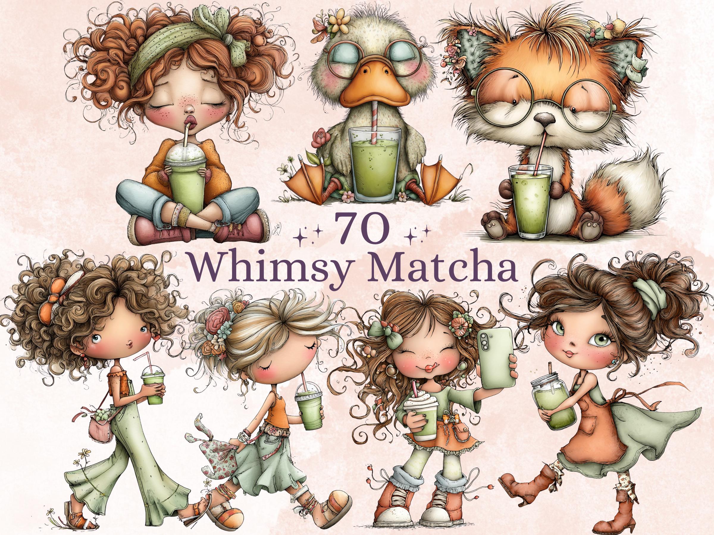 Matcha Clipart Bundle | 70 Whimsical Quirky Drink PNG | Green Latte Digital Download