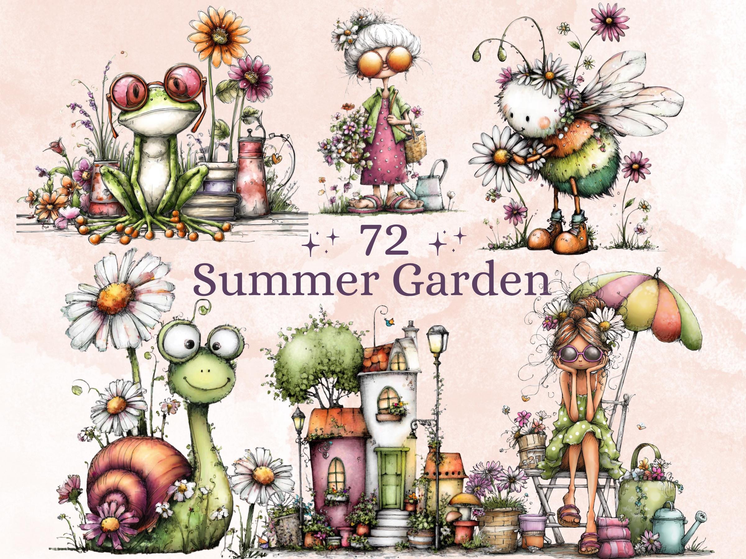 Summer Garden Clipart Bundle | 72 Whimsical Quirky Garden PNG | Gardening Digital Download