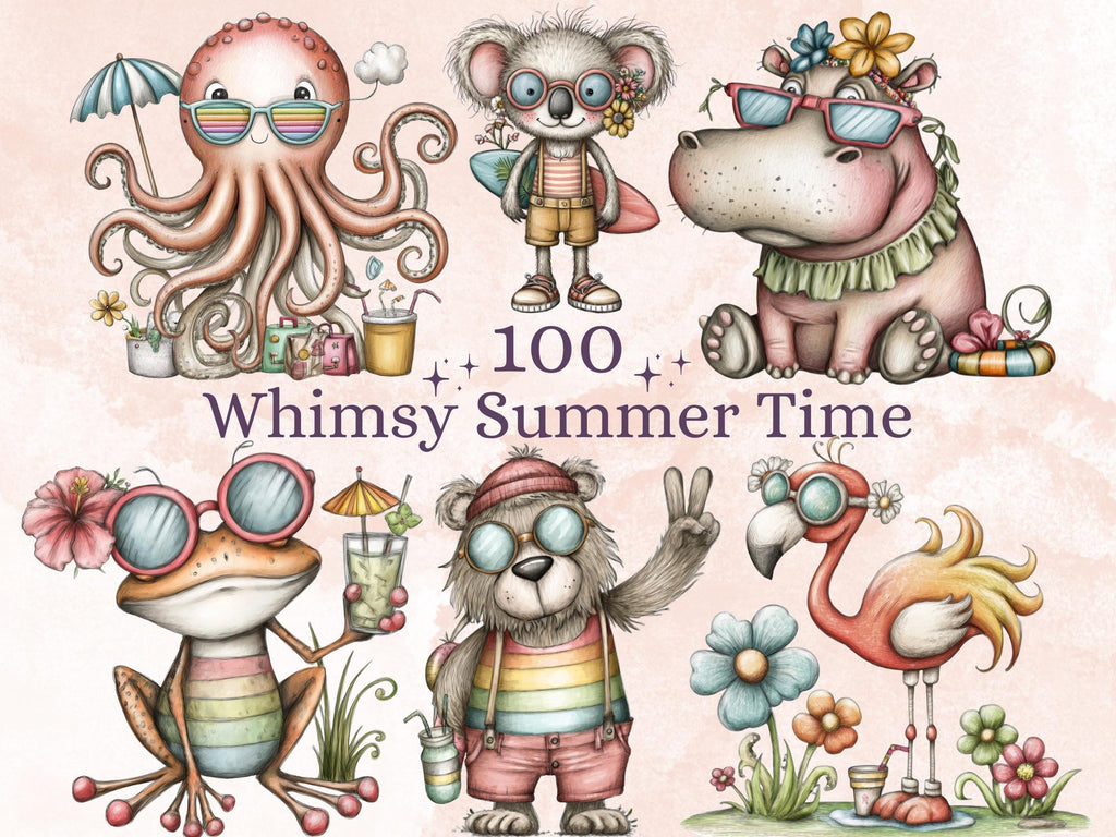 Summer Time Clipart Bundle | 100 Whimsical Quirky Beach PNG | Summer Holiday Digital Download