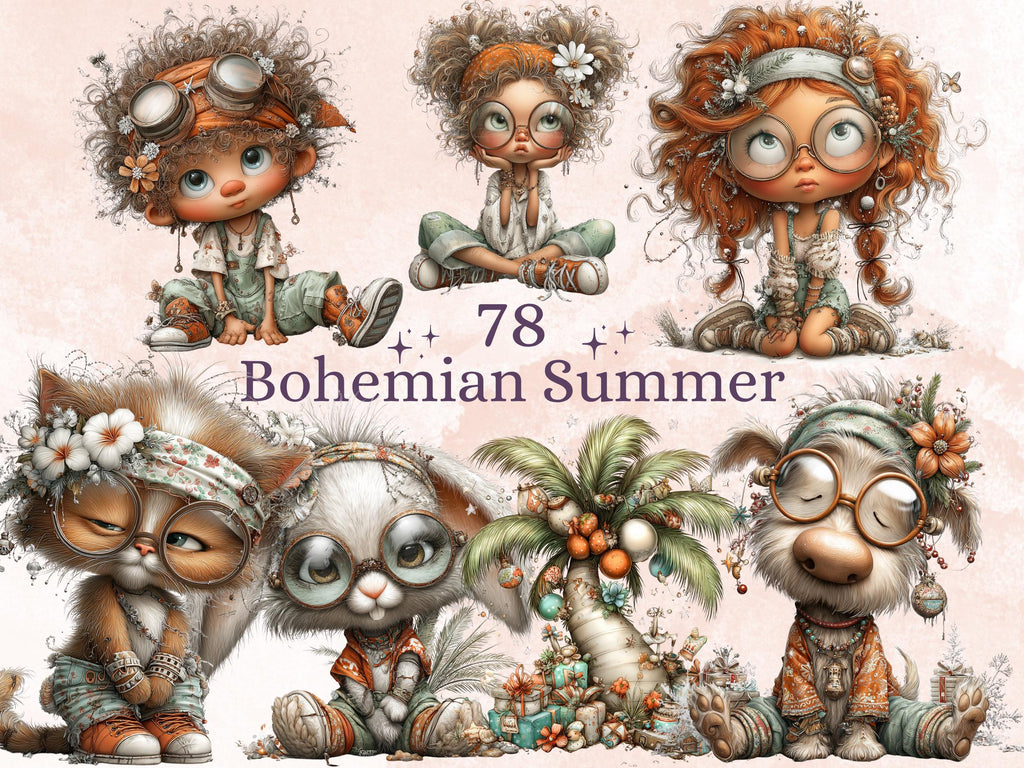 Bohemian Summer Clipart Bundle | 78 Whimsical Boho Beach PNG | Steampunk Boho Digital Download