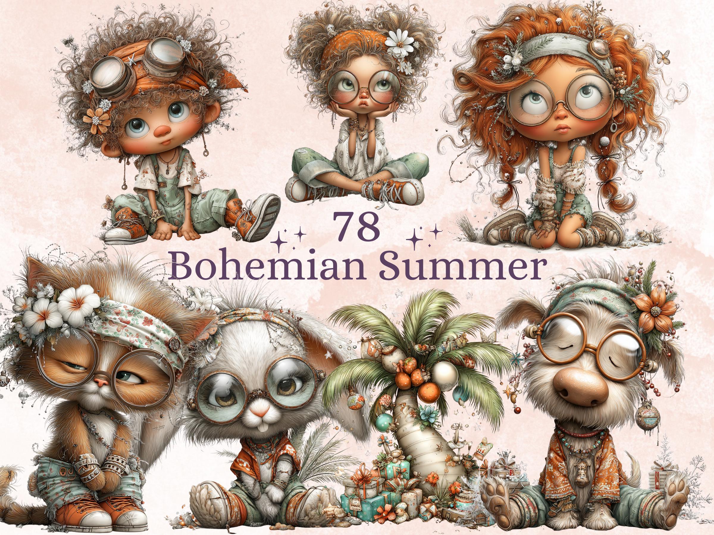 Bohemian Summer Clipart Bundle | 78 Whimsical Boho Beach PNG | Steampunk Boho Digital Download