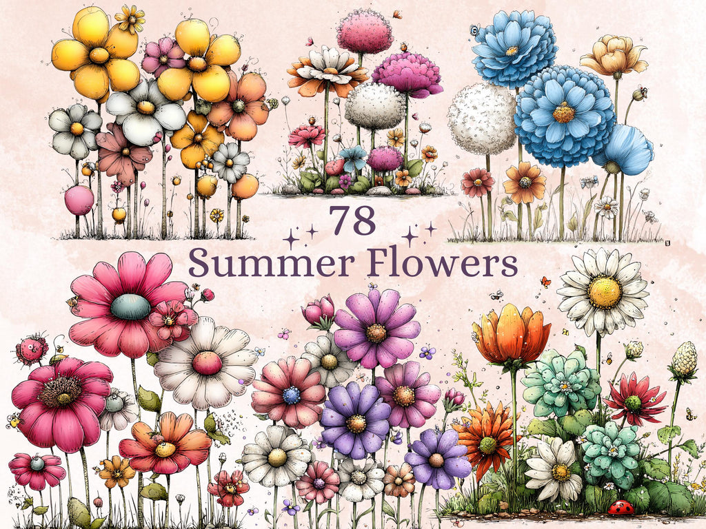 Summer Flowers Clipart Bundle | 78 Whimsical Quirky Floral PNG | Fantasy Flower Digital Download