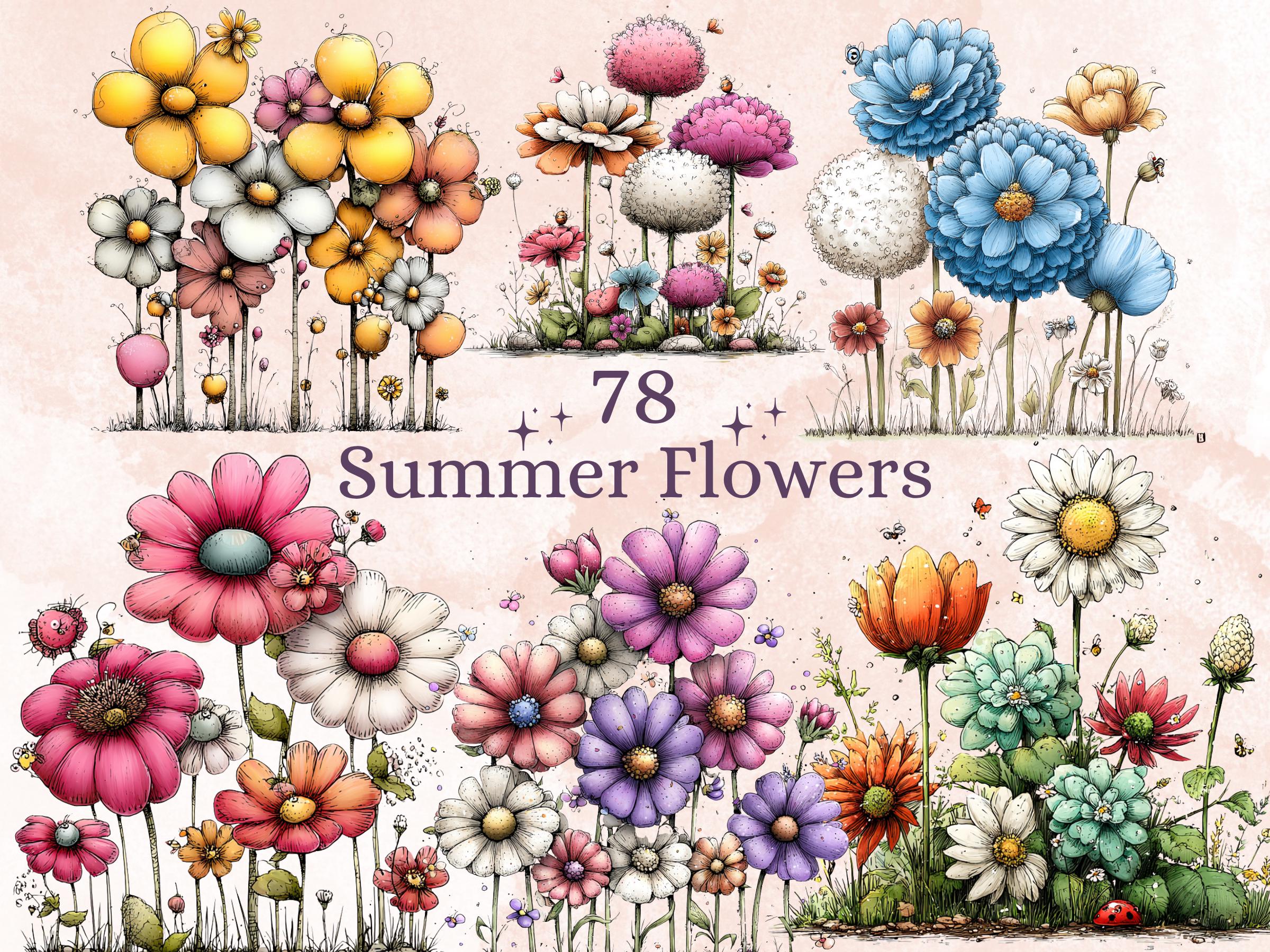 Summer Flowers Clipart Bundle | 78 Whimsical Quirky Floral PNG | Fantasy Flower Digital Download