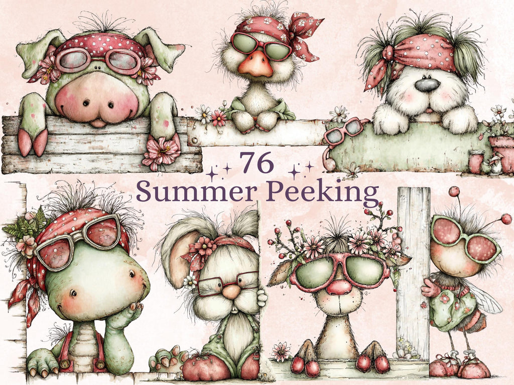 Summer Peeking Clipart Bundle | 76 Whimsical Quirky Peeking PNG | Beach Peekaboo Digital Download