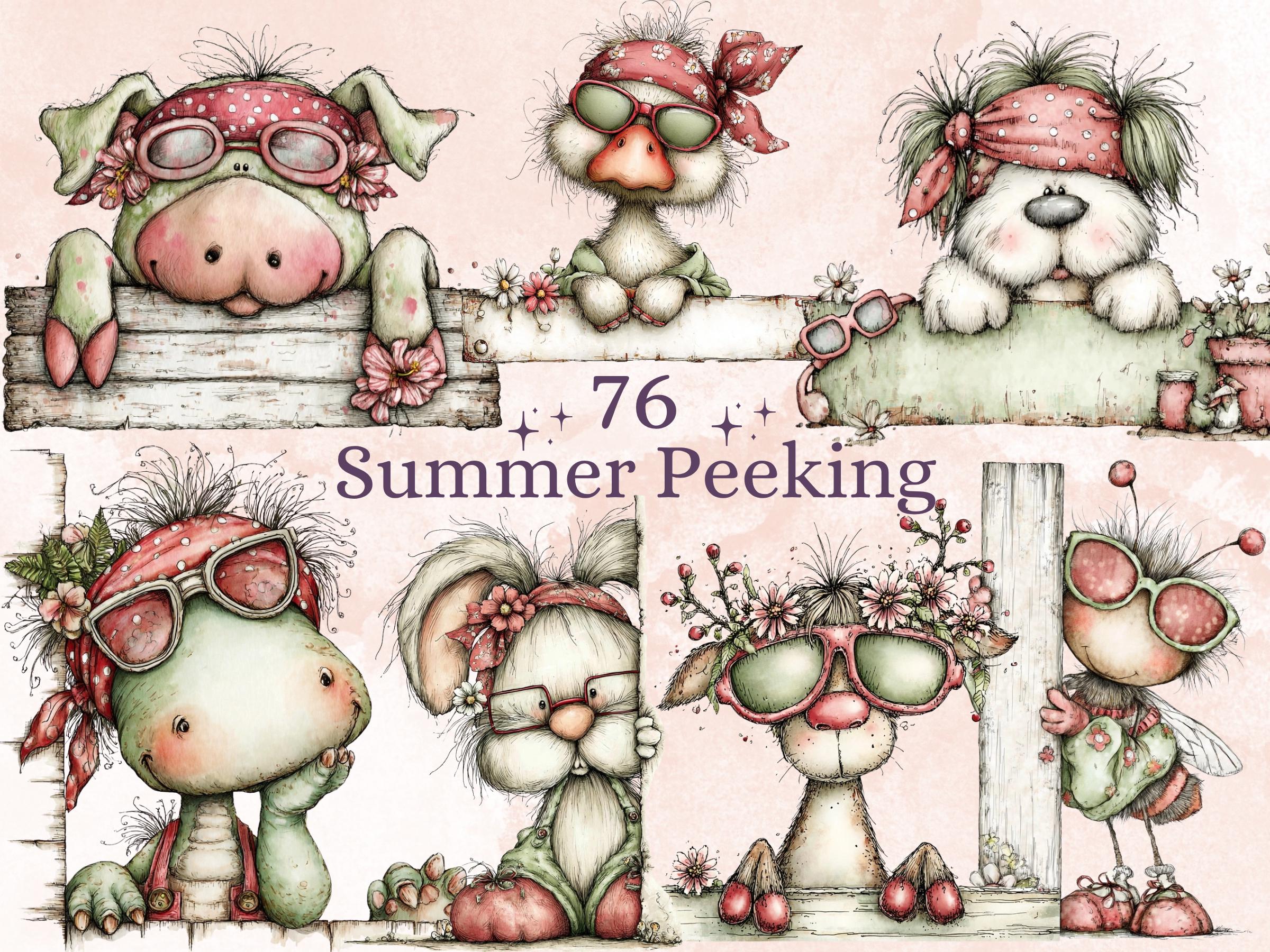 Summer Peeking Clipart Bundle | 76 Whimsical Quirky Peeking PNG | Beach Peekaboo Digital Download