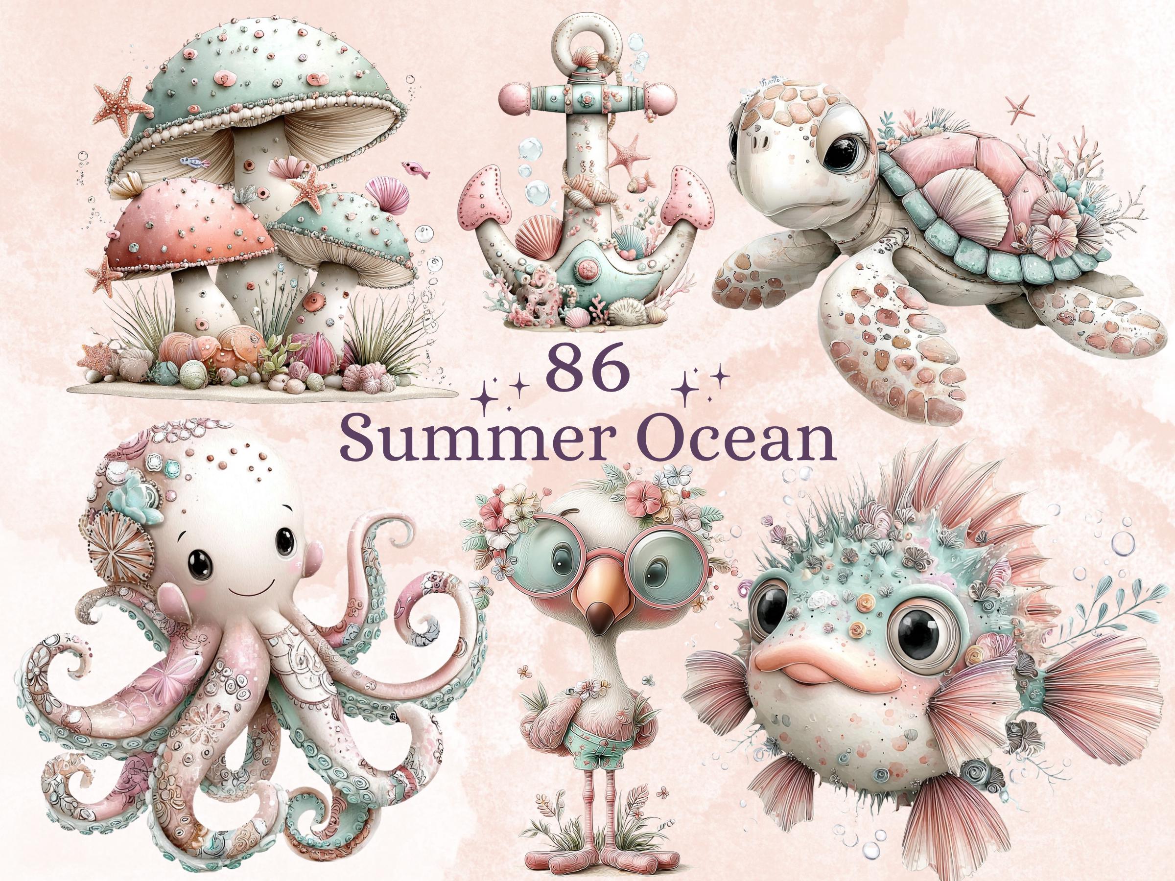 Pastel Ocean Clipart Bundle | 86 Soft Summer Ocean PNG | Whimsical Sea Digital Download