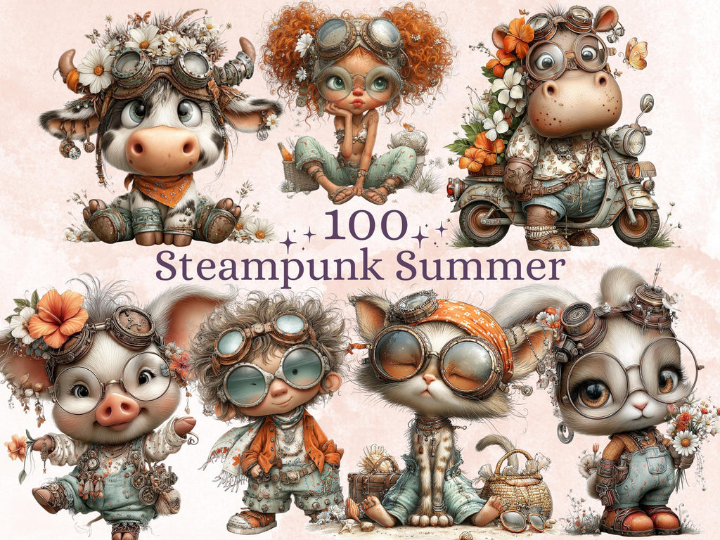 Steampunk Summer Clipart Bundle | 100 Whimsical Boho Steampunk PNG | Industrial Beach Download