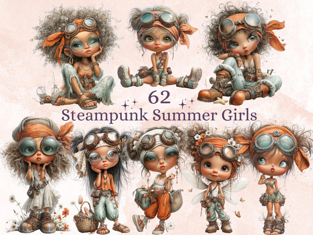 Steampunk Girls Clipart Bundle | 62 Whimsical Boho Steampunk PNG | Industrial Girl Digital Download