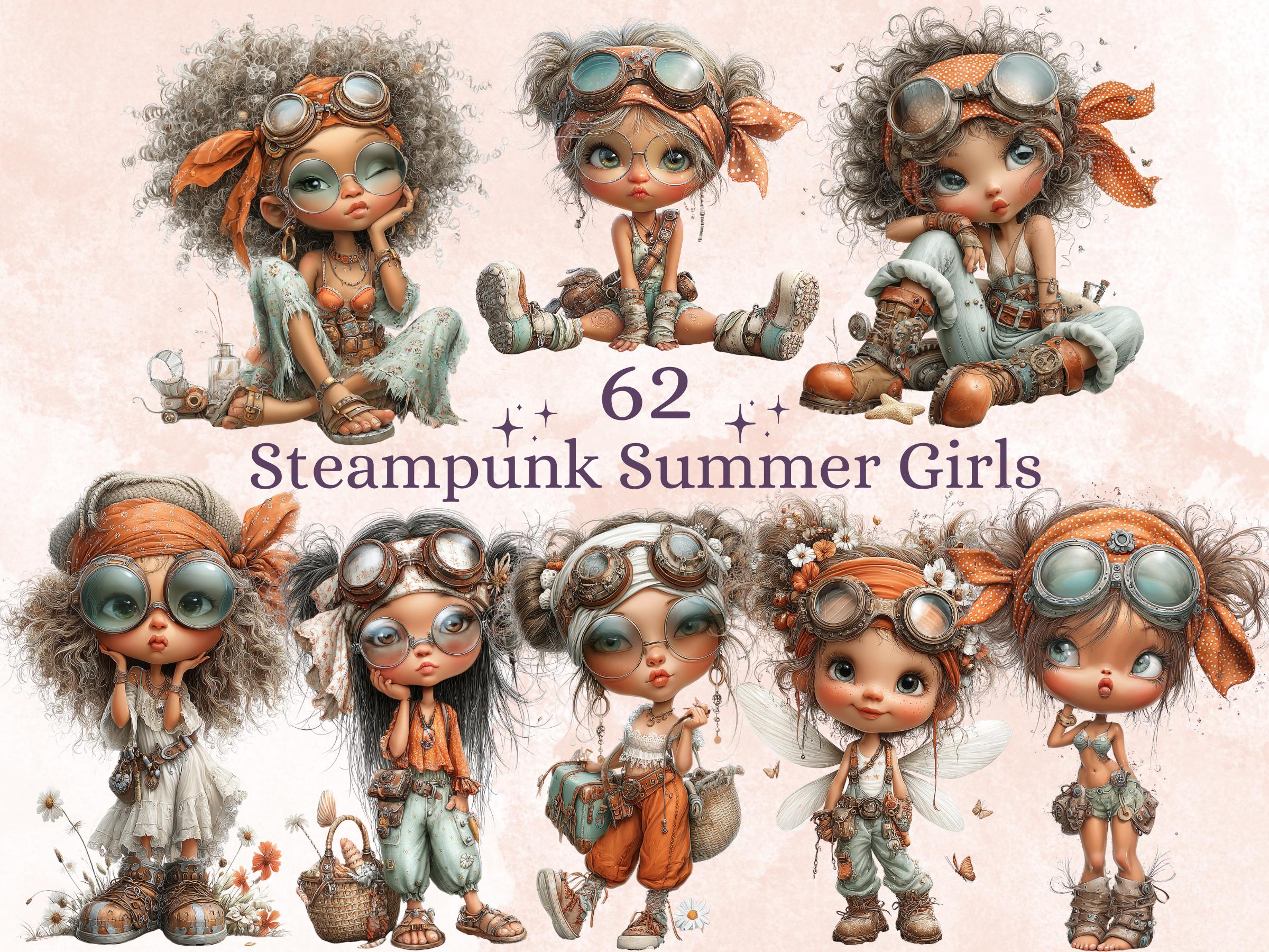 Steampunk Girls Clipart Bundle | 62 Whimsical Boho Steampunk PNG | Industrial Girl Digital Download