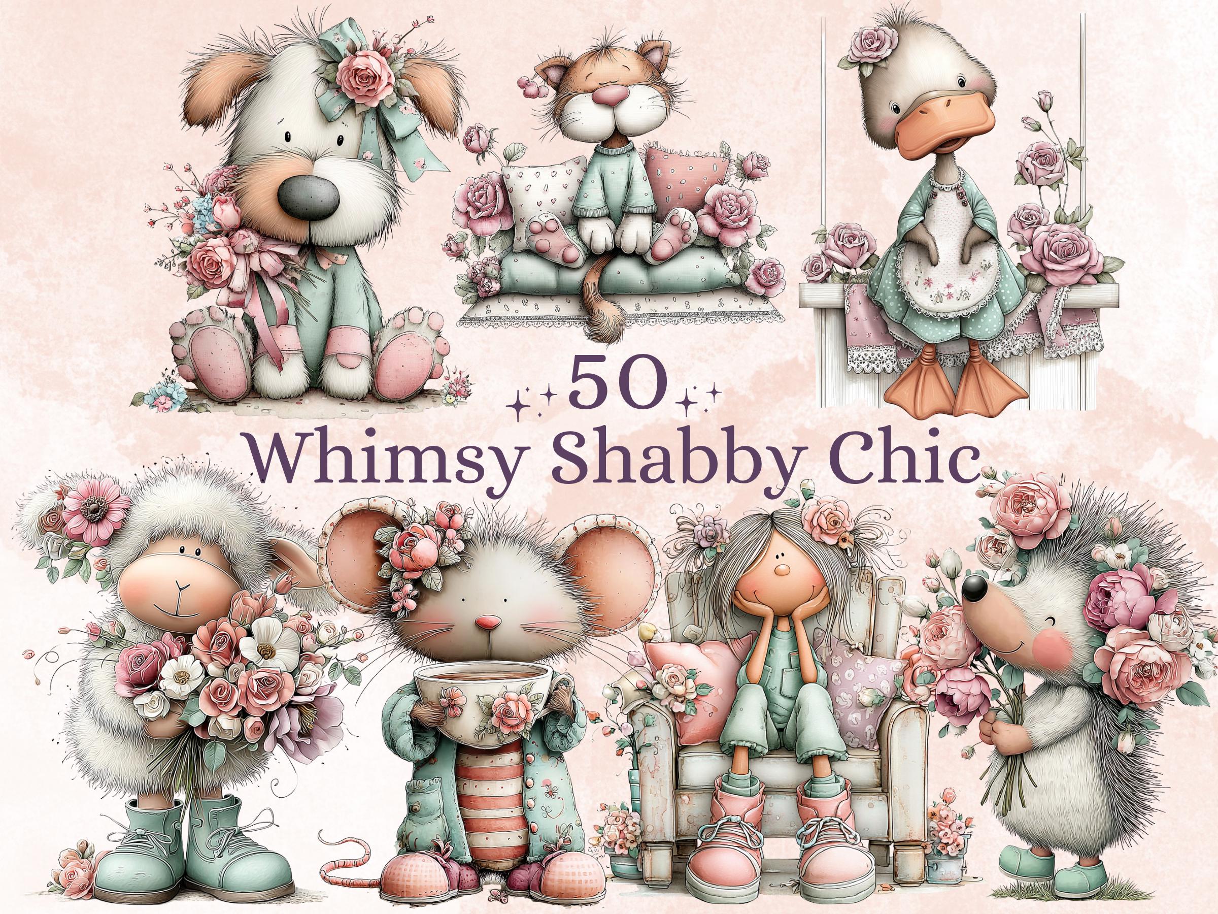 Shabby Chic Clipart Bundle | 50 Whimsical Quirky Floral PNG | Vintage Pastel Flowers Digital Download