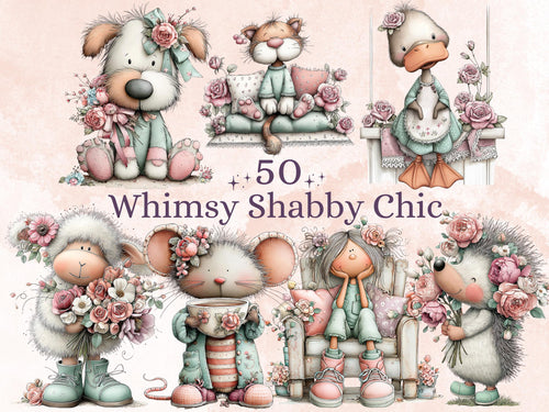 Shabby Chic Clipart Bundle | 50 Whimsical Quirky Floral PNG | Vintage Pastel Flowers Digital Download
