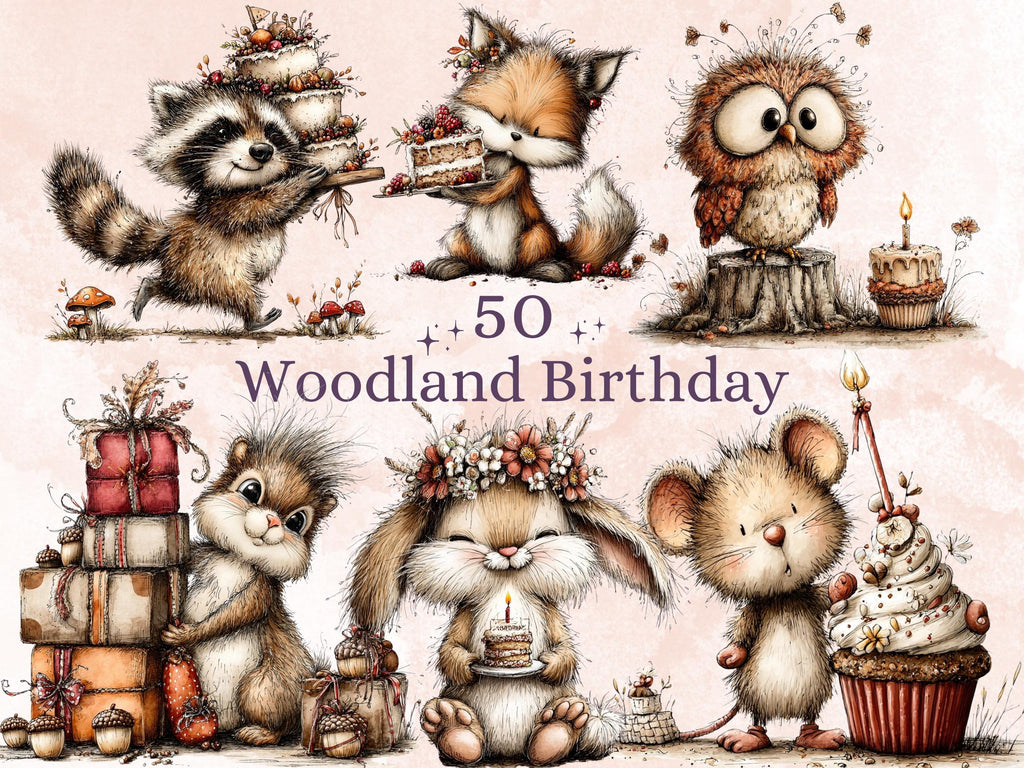 Woodland Birthday Clipart, Whimsical Forest Party Animals PNG Illustrations (Digital Download, Commercial Use)