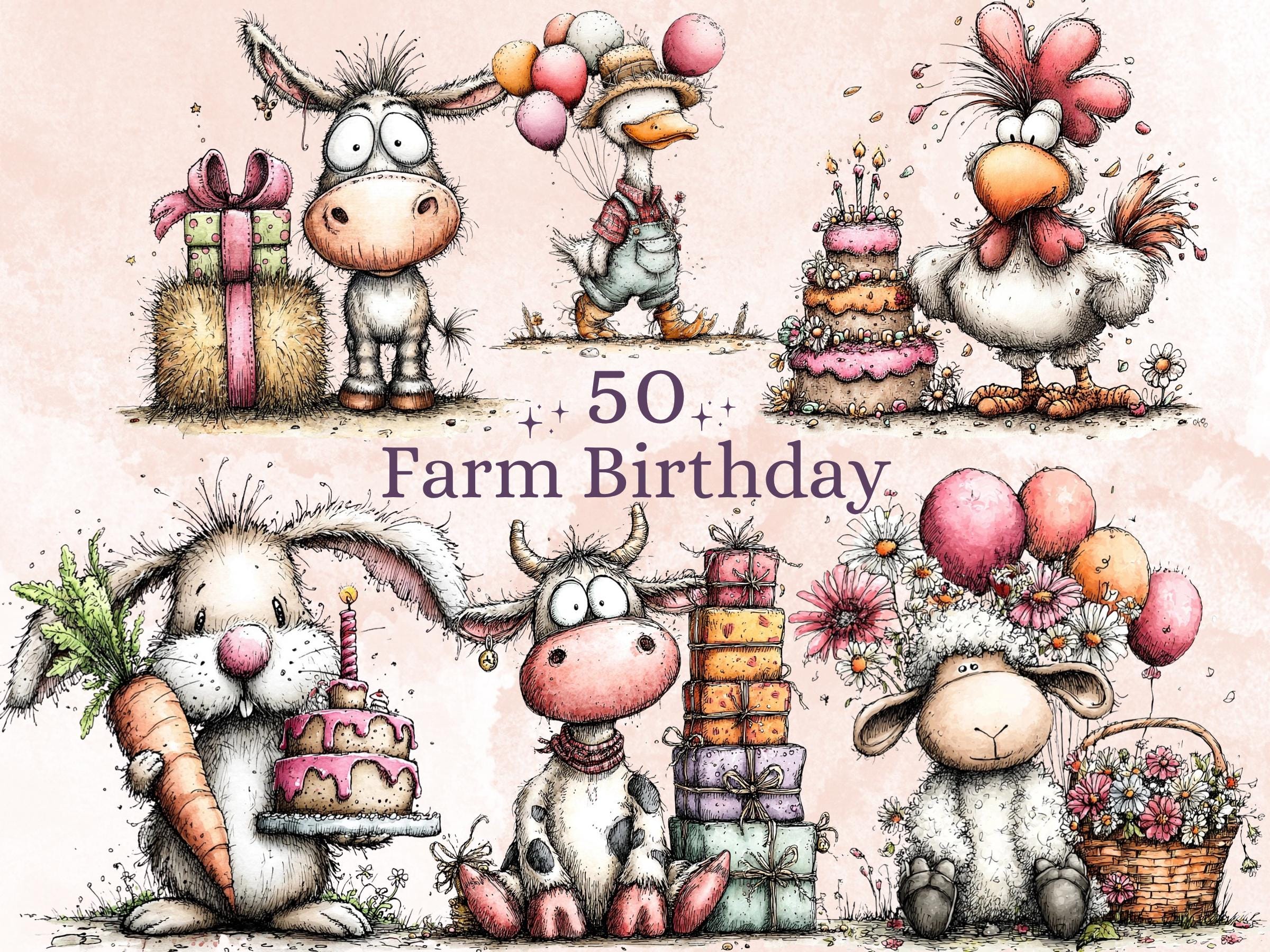 Farm Birthday Clipart, Whimsical Cottage Party Animals PNG Illustrations (Digital Download, Commercial Use)