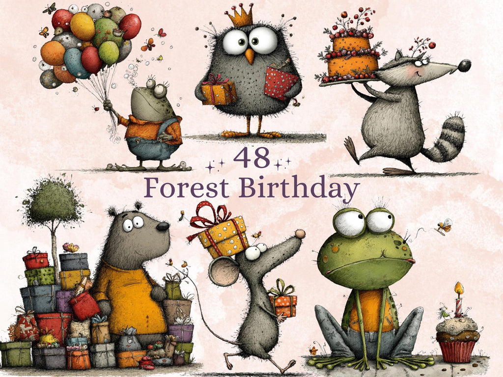 Forest Birthday Clipart, Quirky Woodland Party Animals PNG Illustrations (Digital Download, Commercial Use)