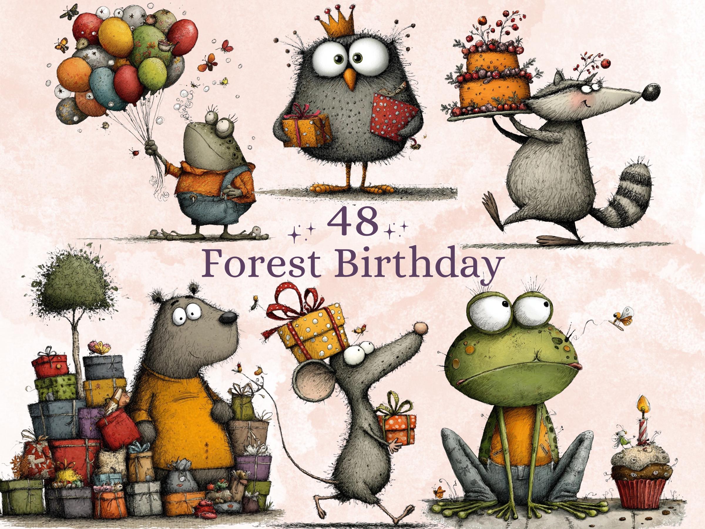 Forest Birthday Clipart, Quirky Woodland Party Animals PNG Illustrations (Digital Download, Commercial Use)