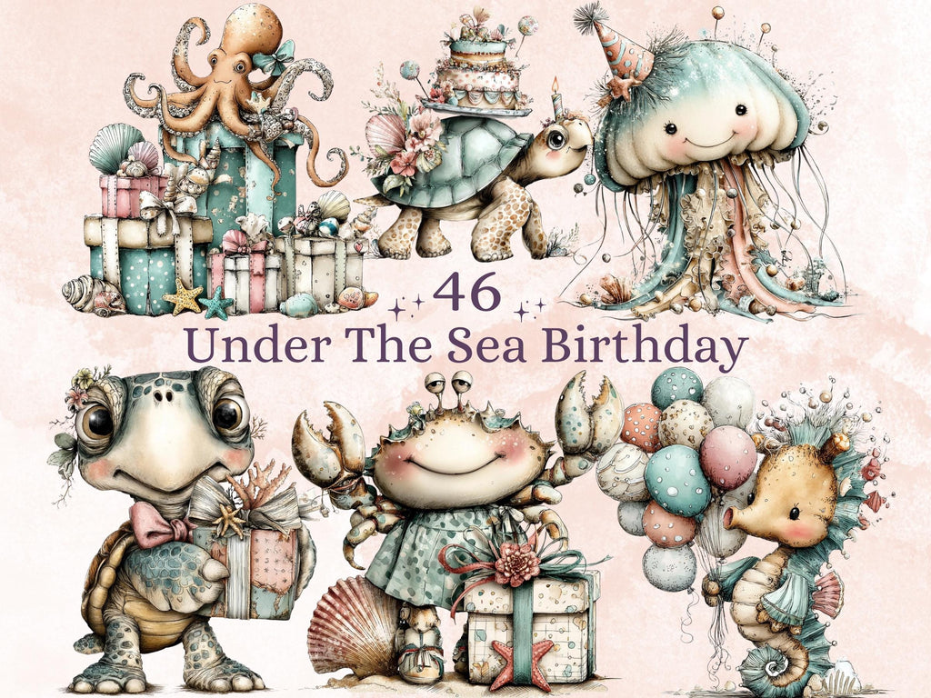 Under the Sea Birthday Clipart, Quirky Ocean Party Animals PNG Illustrations (Digital Download, Commercial Use)