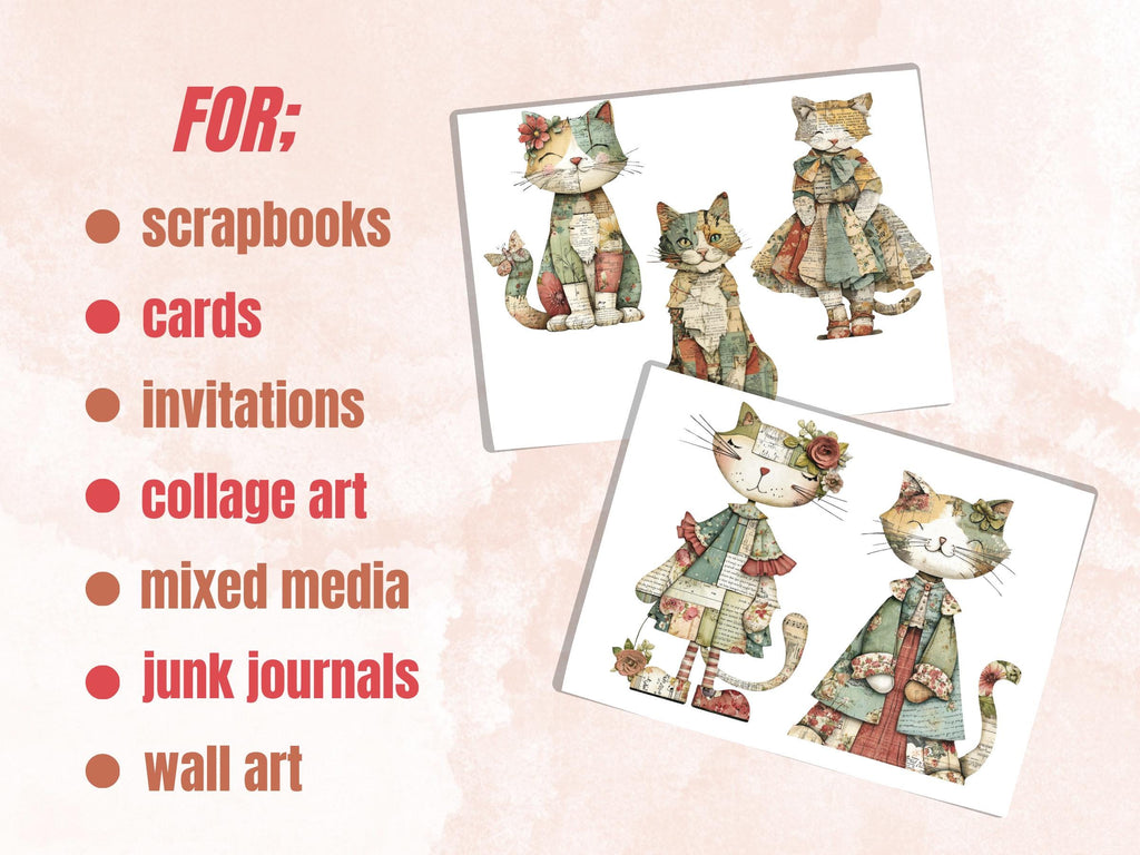 Whimsical Paper Cats Fussy Cut Bundle, 40 Mixed Media Cat Cutouts, Animal Ephemera Junk Journal Scrapbook Sheets