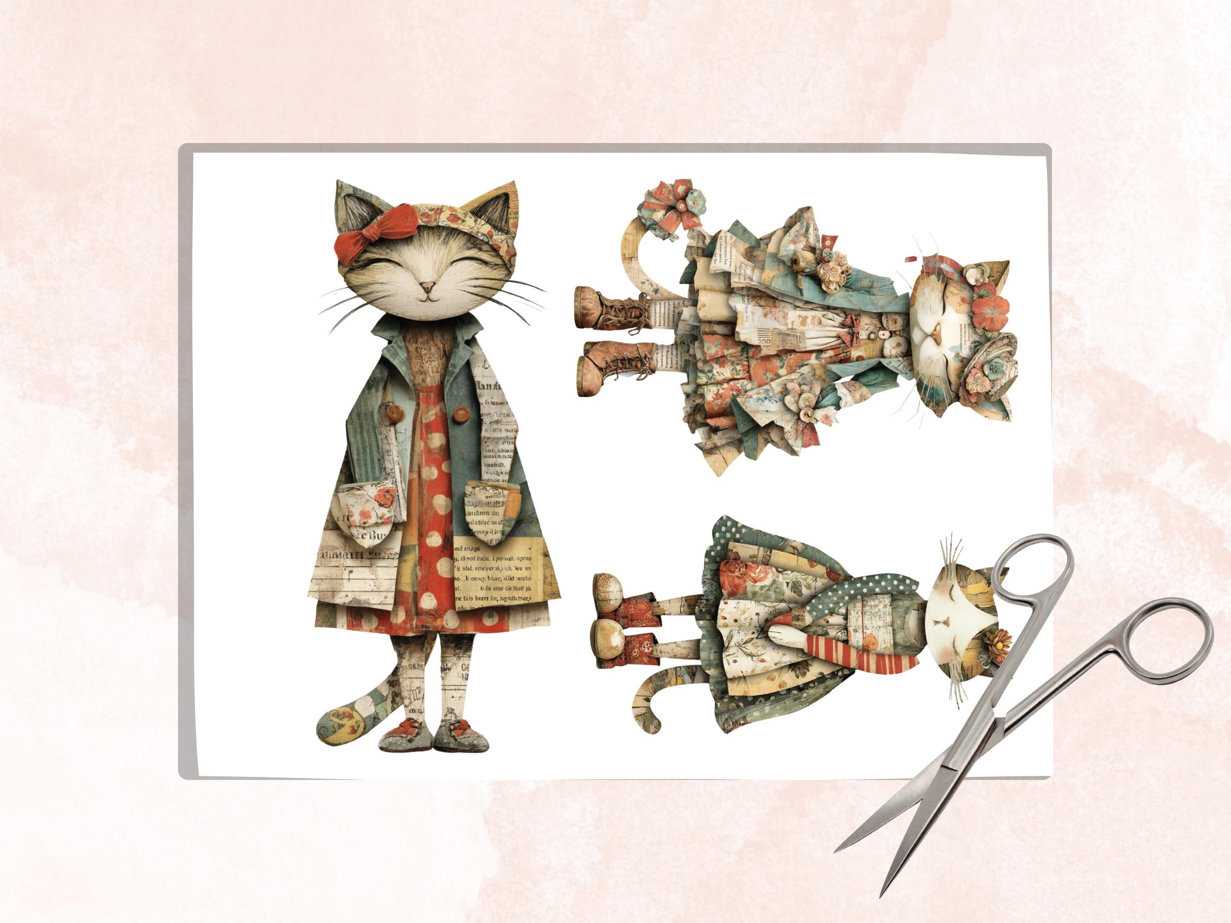 Whimsical Paper Cats Fussy Cut Bundle, 40 Mixed Media Cat Cutouts, Animal Ephemera Junk Journal Scrapbook Sheets