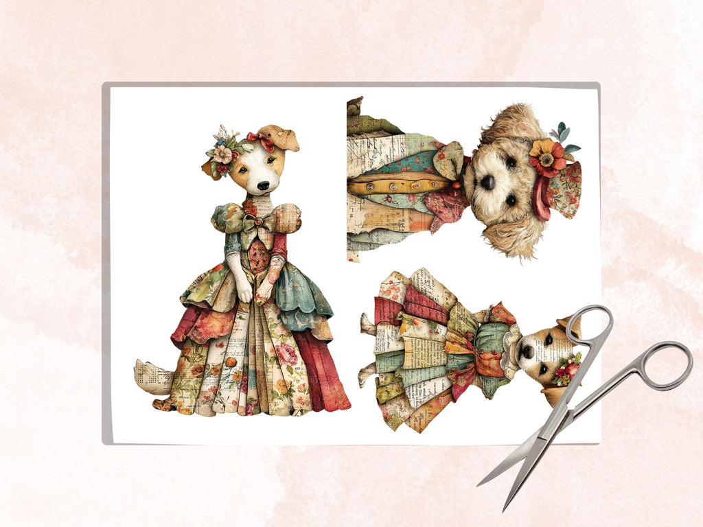 Whimsical Paper Dogs Fussy Cut Bundle, 35 Mixed Media Dog Cutouts, Animal Ephemera Junk Journal Scrapbook Sheets
