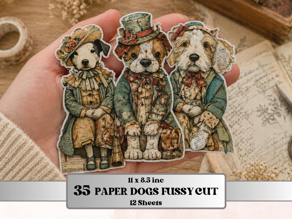 Whimsical Paper Dogs Fussy Cut Bundle, 35 Mixed Media Dog Cutouts, Animal Ephemera Junk Journal Scrapbook Sheets