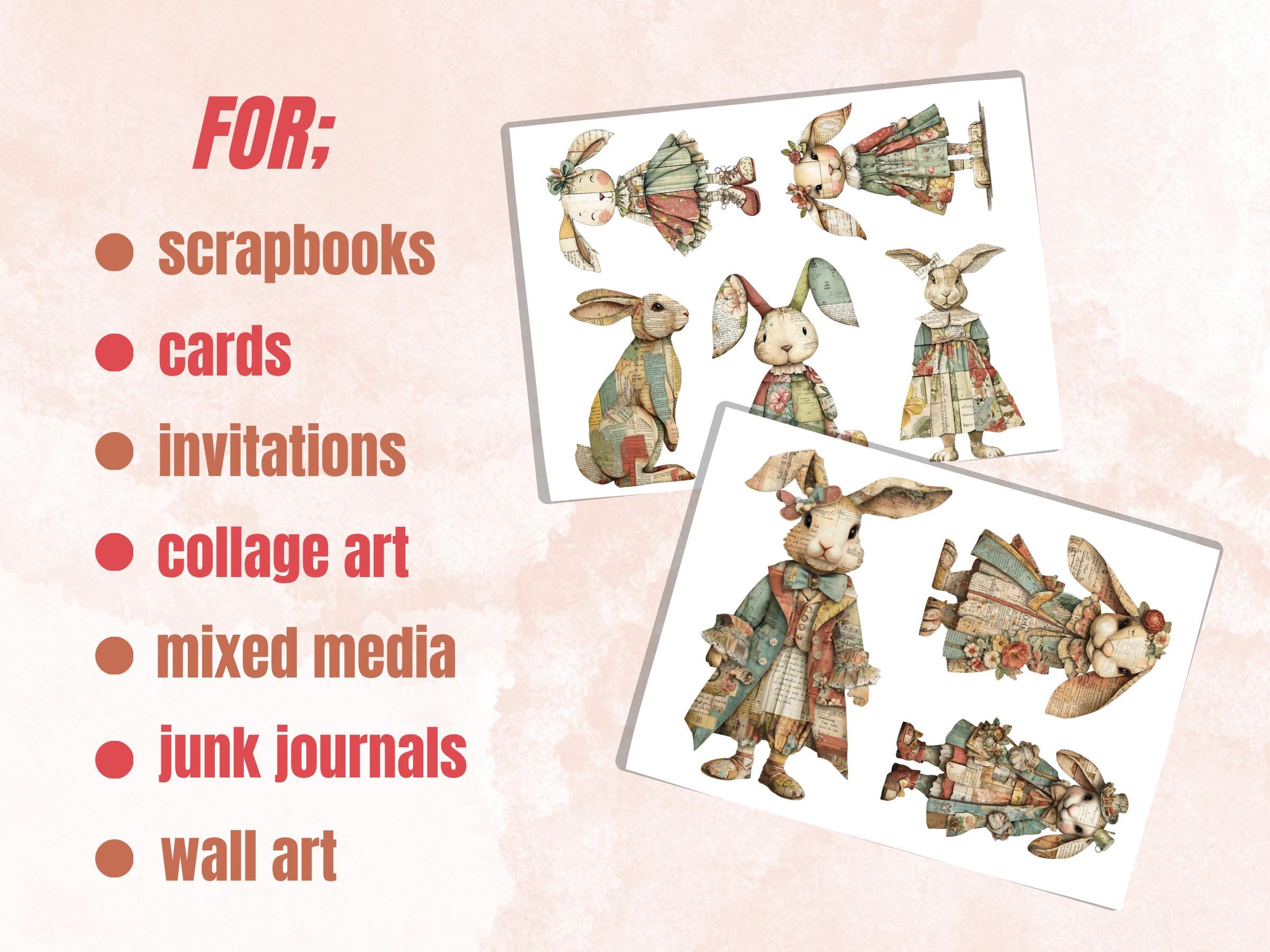 Whimsical Paper Bunnies Fussy Cut Bundle, 32 Rabbit Cutouts, Mixed Media Ephemera Junk Journal Scrapbook Sheets