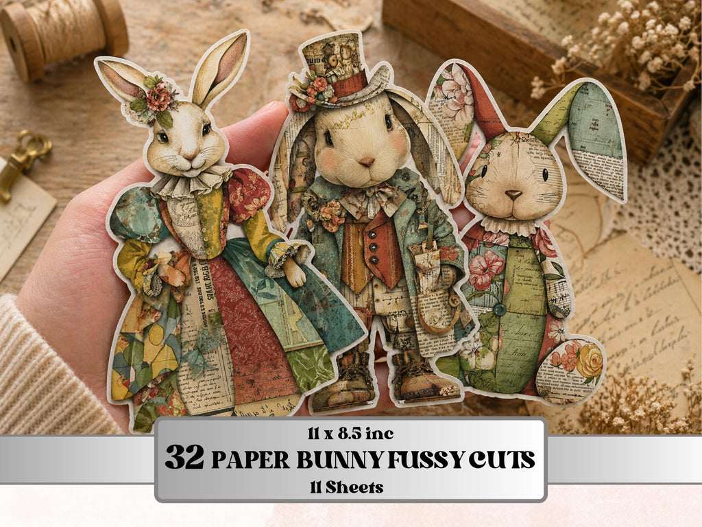 Whimsical Paper Bunnies Fussy Cut Bundle, 32 Rabbit Cutouts, Mixed Media Ephemera Junk Journal Scrapbook Sheets