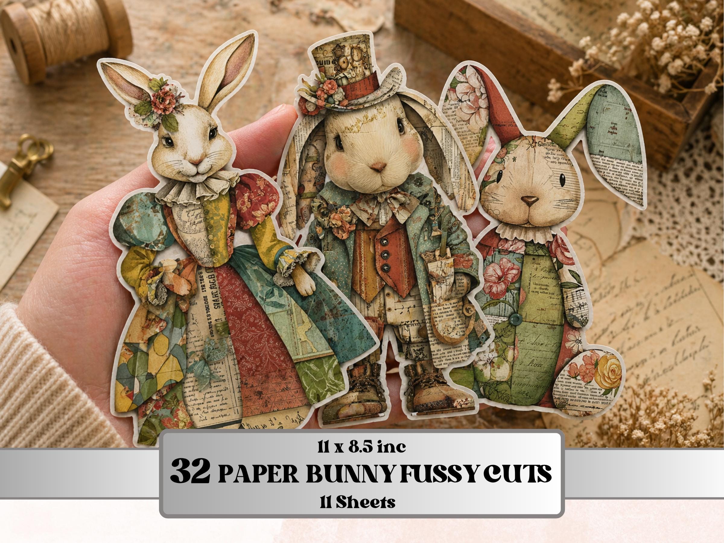 Whimsical Paper Bunnies Fussy Cut Bundle, 32 Rabbit Cutouts, Mixed Media Ephemera Junk Journal Scrapbook Sheets