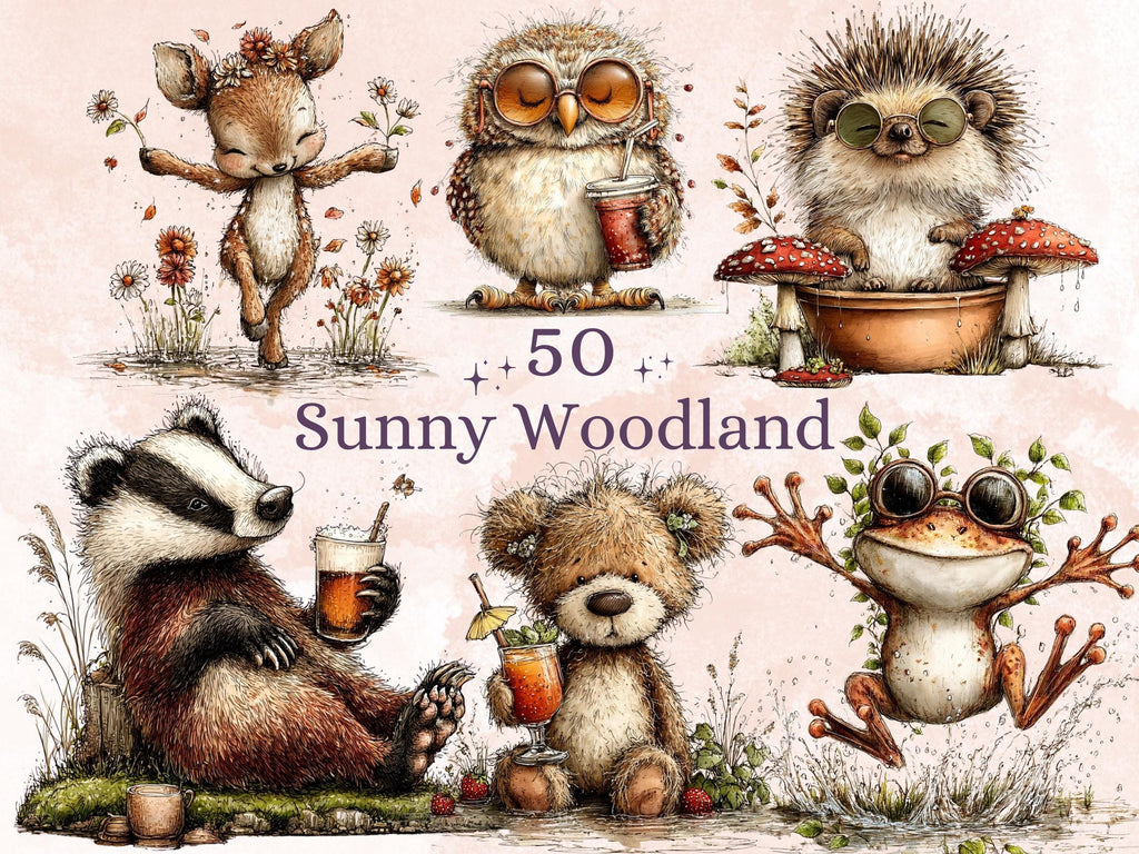 Summer Woodland Clipart, Whimsical Neutral Forest Animals PNG Illustrations (Digital Download, Commercial Use)