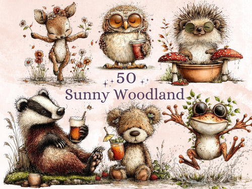 Summer Woodland Clipart, Whimsical Neutral Forest Animals PNG Illustrations (Digital Download, Commercial Use)