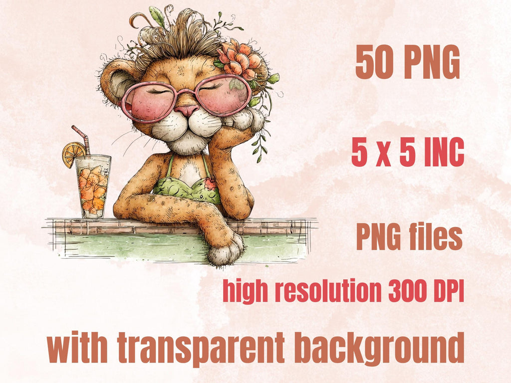 Summer Safari Clipart, Whimsical Quirky Jungle Animals PNG Illustrations (Digital Download, Commercial Use)
