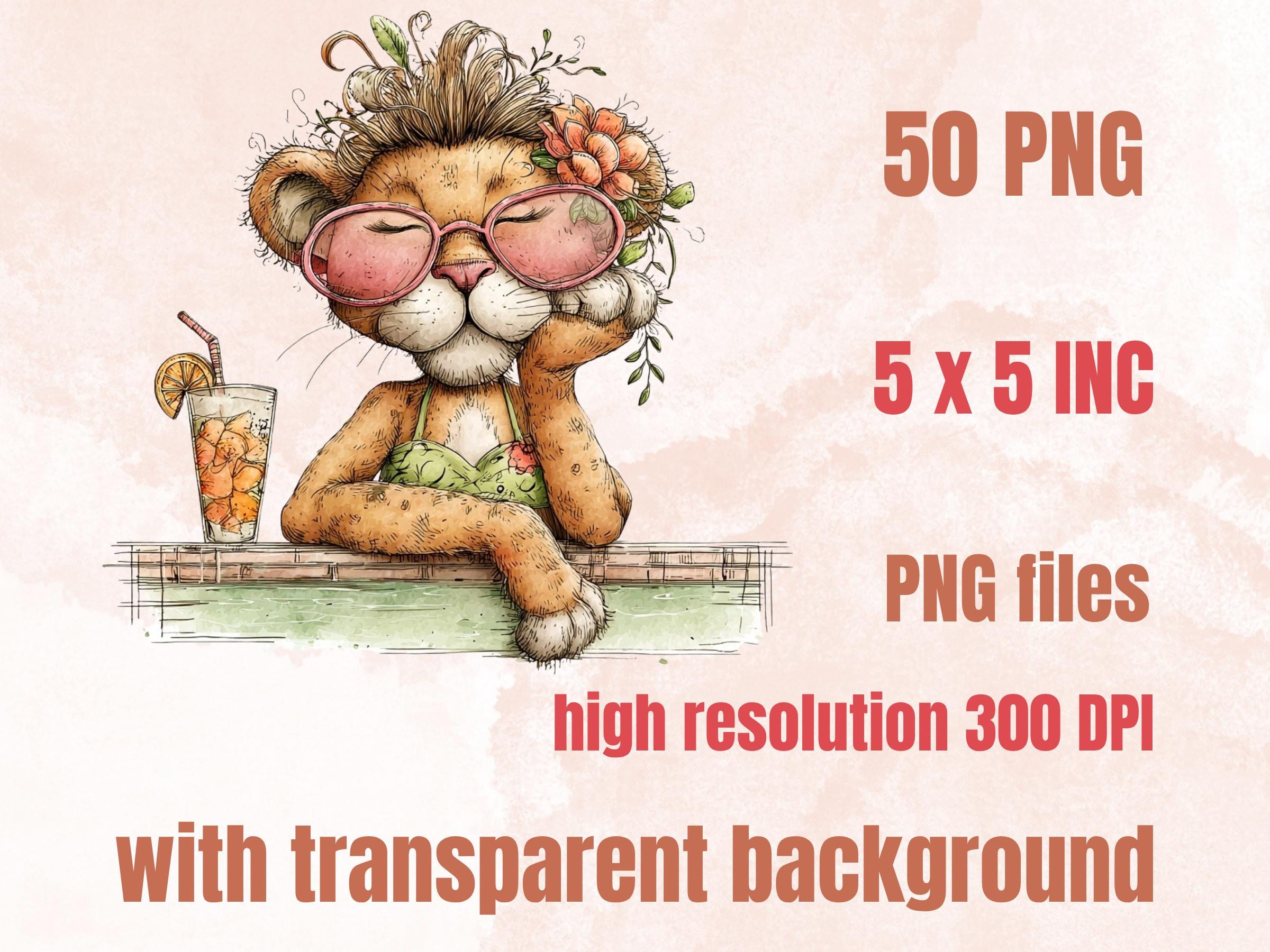 Summer Safari Clipart, Whimsical Quirky Jungle Animals PNG Illustrations (Digital Download, Commercial Use)