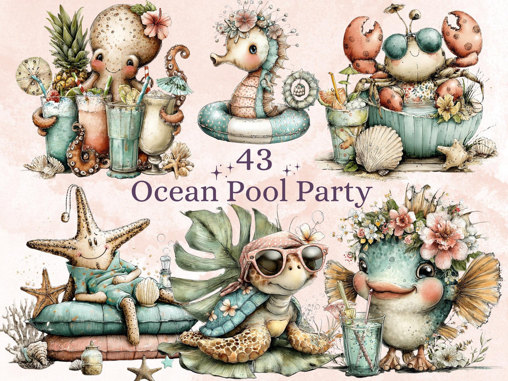 Ocean Pool Party Animals Clipart, Summer Under the Sea PNG Illustrations (Digital Download, Commercial Use)