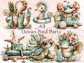 Ocean Pool Party Animals Clipart, Summer Under the Sea PNG Illustrations (Digital Download, Commercial Use)