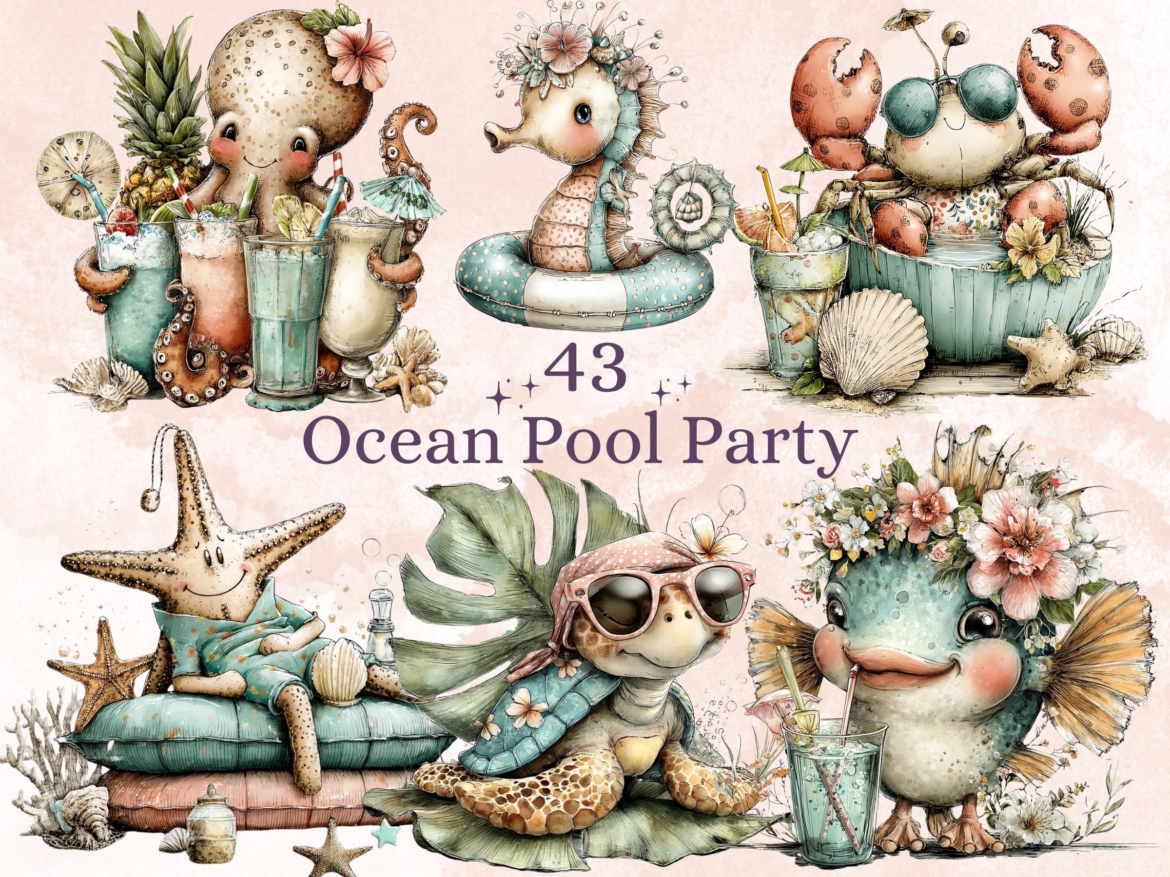 Ocean Pool Party Animals Clipart, Summer Under the Sea PNG Illustrations (Digital Download, Commercial Use)