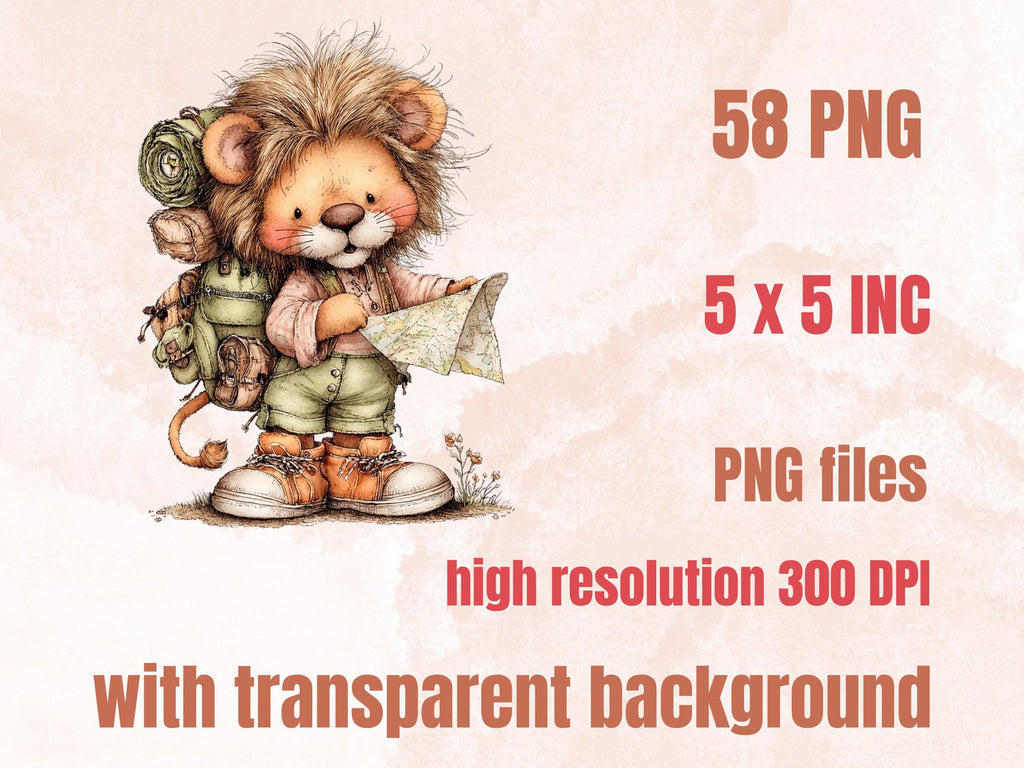 Safari Adventure Clipart, Whimsical Quirky Jungle Animals PNG Illustrations (Digital Download, Commercial Use)