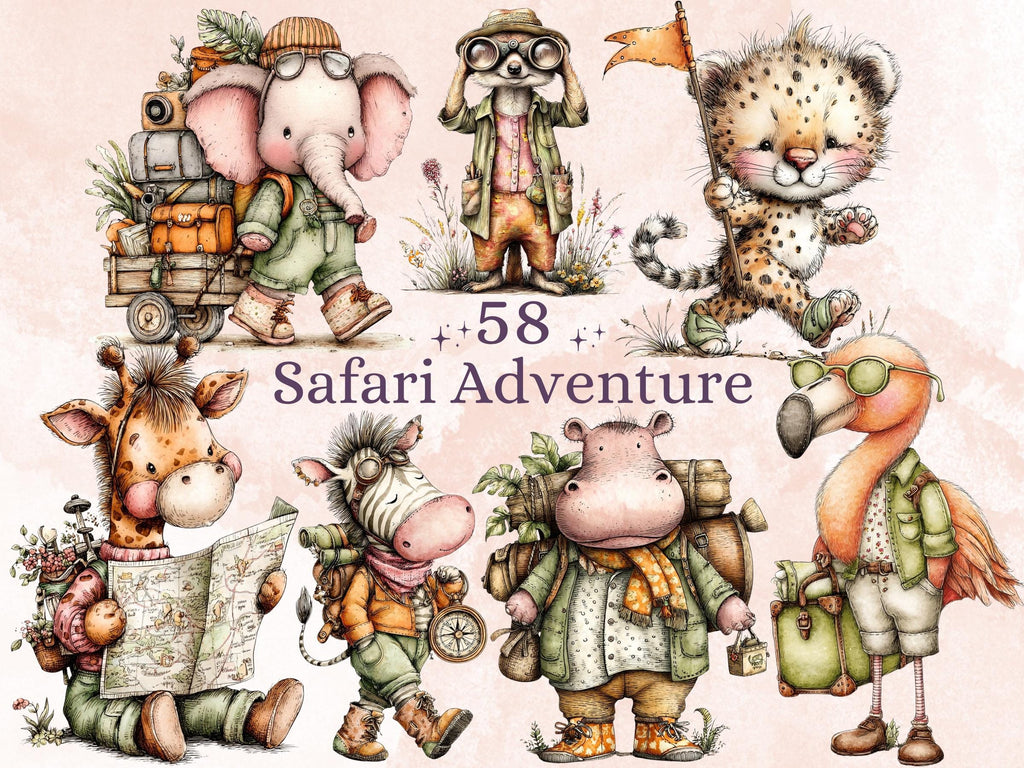 Safari Adventure Clipart, Whimsical Quirky Jungle Animals PNG Illustrations (Digital Download, Commercial Use)